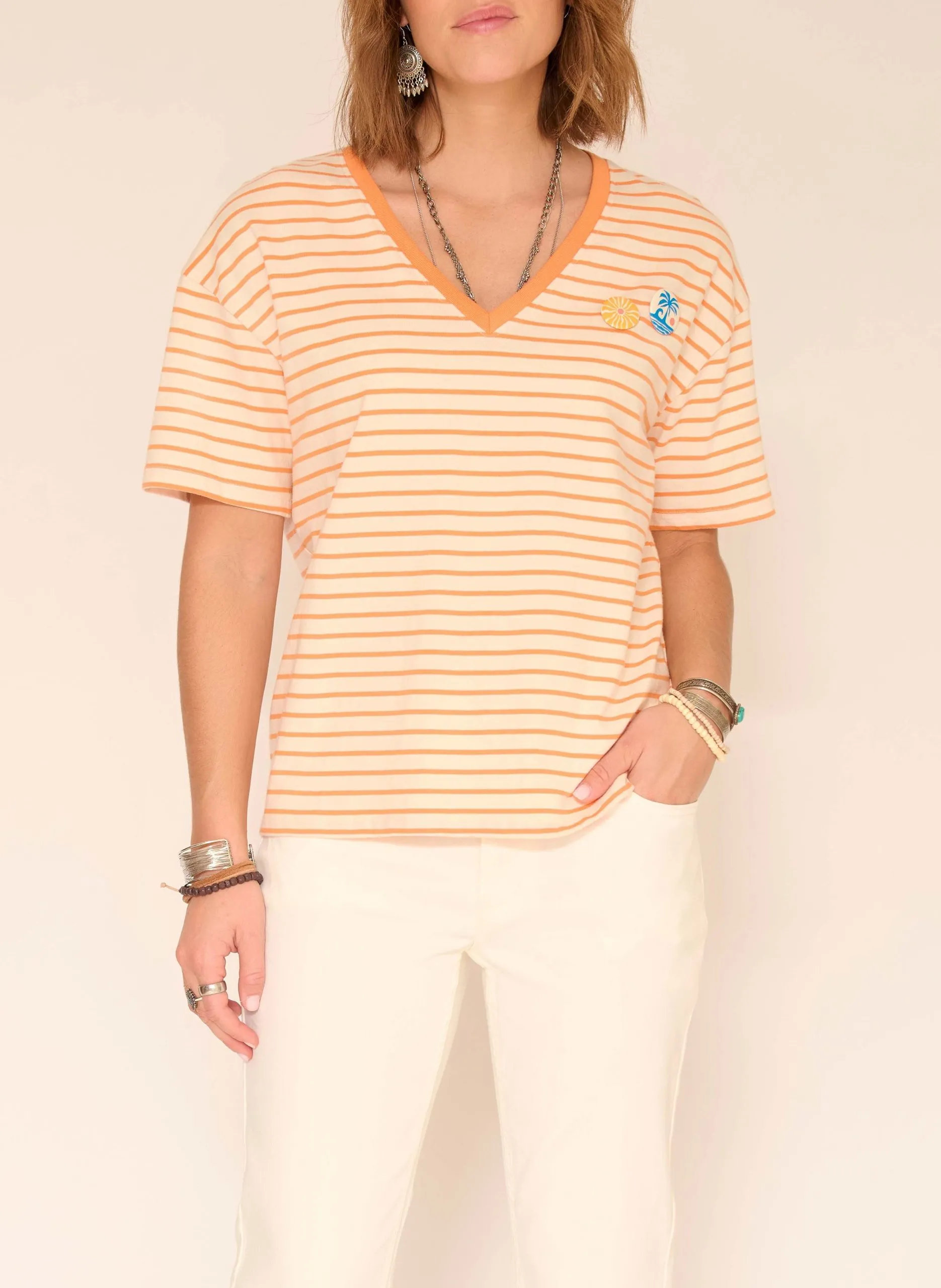 Tee-shirt col V en coton Orange TEAL