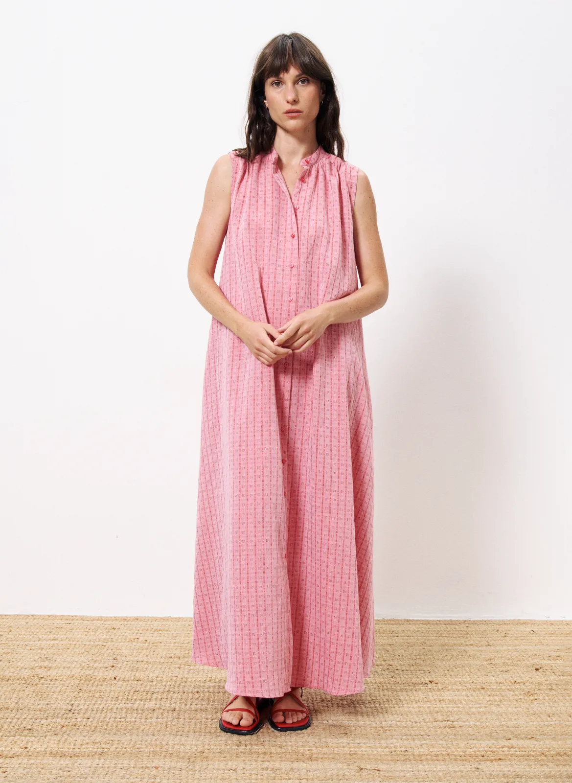 Robe midi col montnt en coton mélangé Rouge ADNA