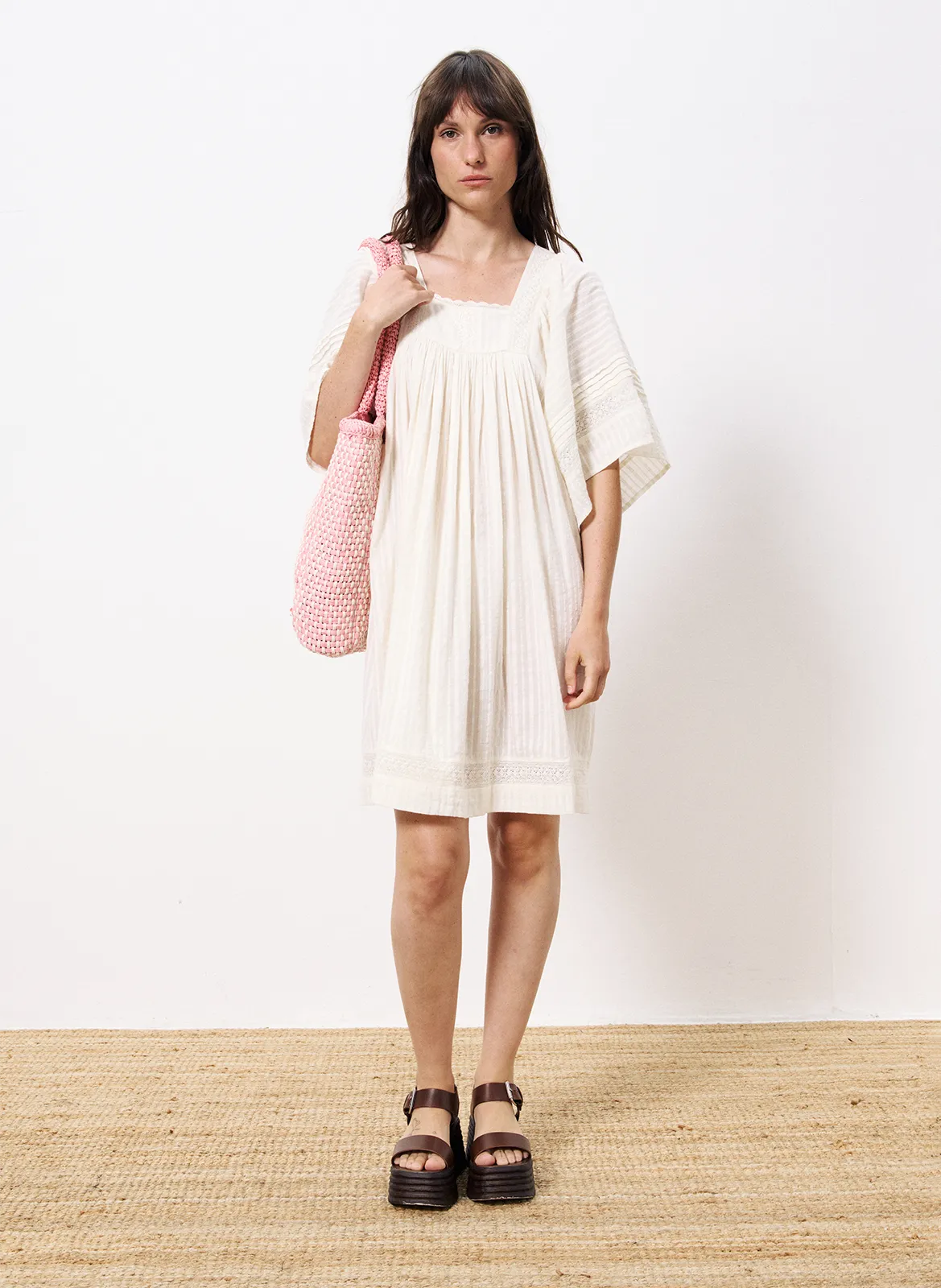 Robe courte col carré en coton Beige ADELAIS