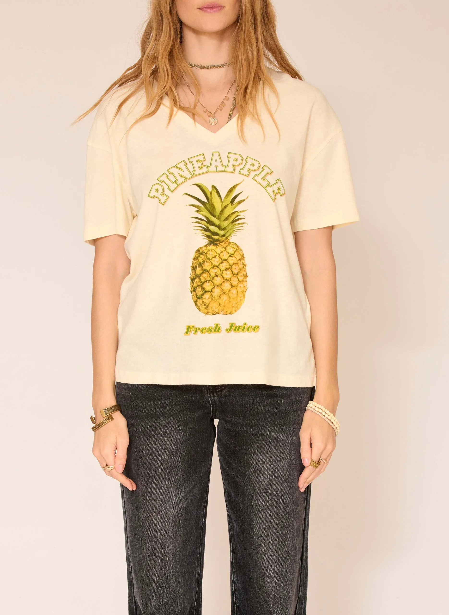 Tee-shirt col V en coton mélangé Beige TOVE