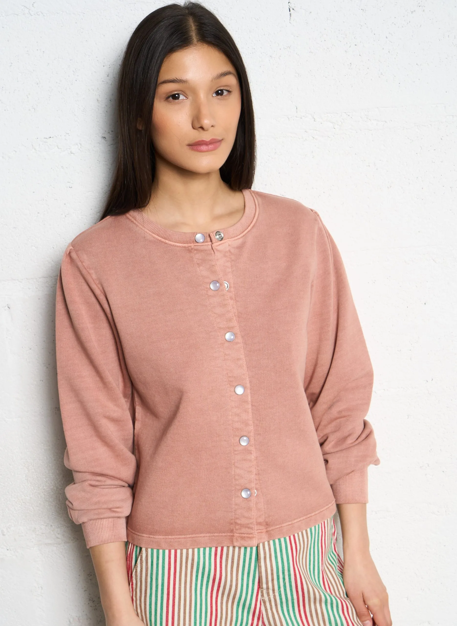 Gilet col rond en coton bio mélangé Rose SENSAS