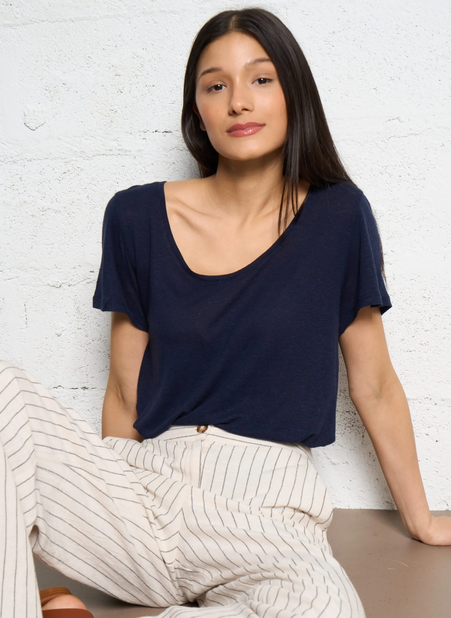 Tee-shirt col rond en lin mélangé Bleu TIA