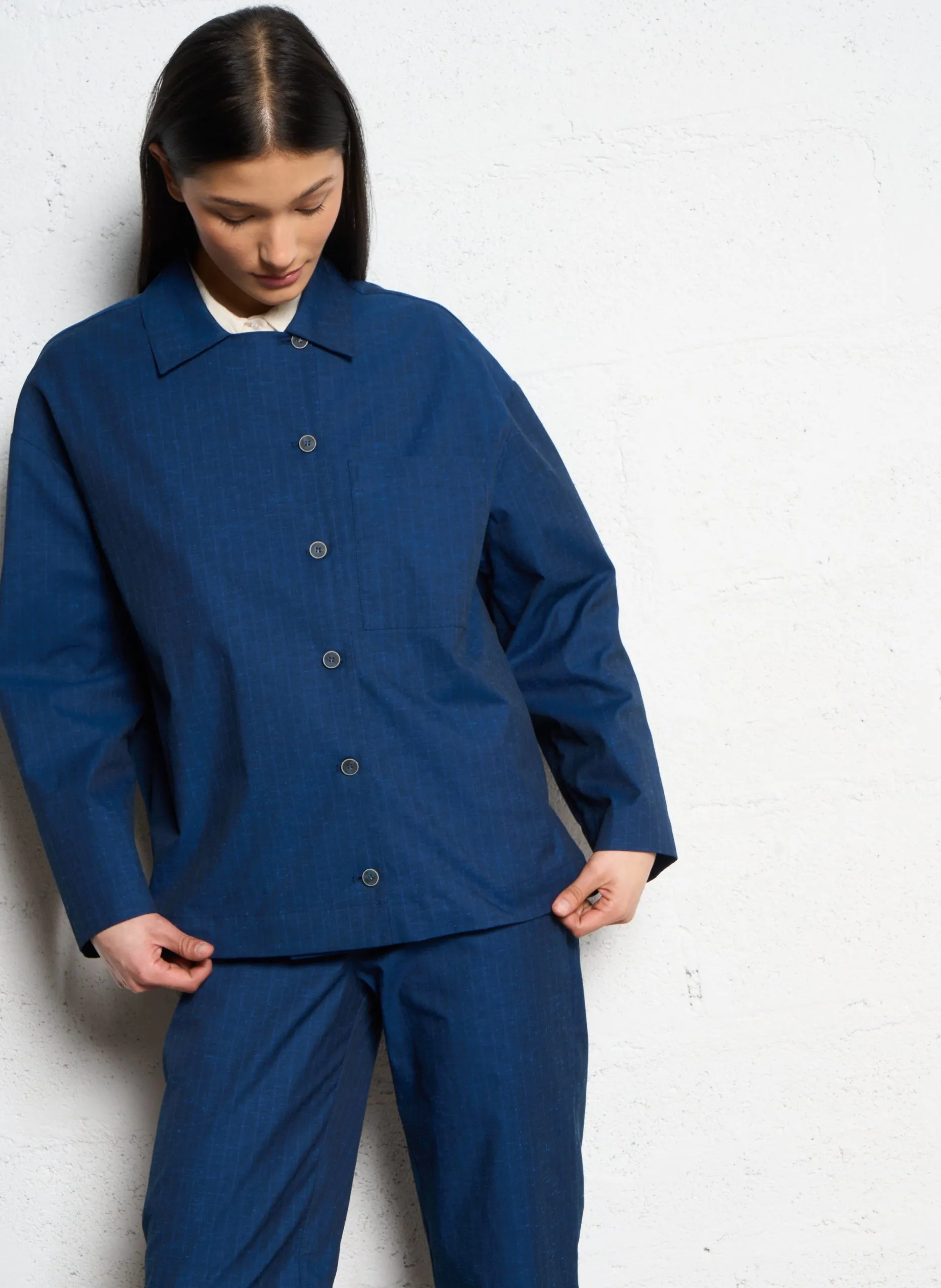 Veste col classique en coton mélangé Bleu MARILA