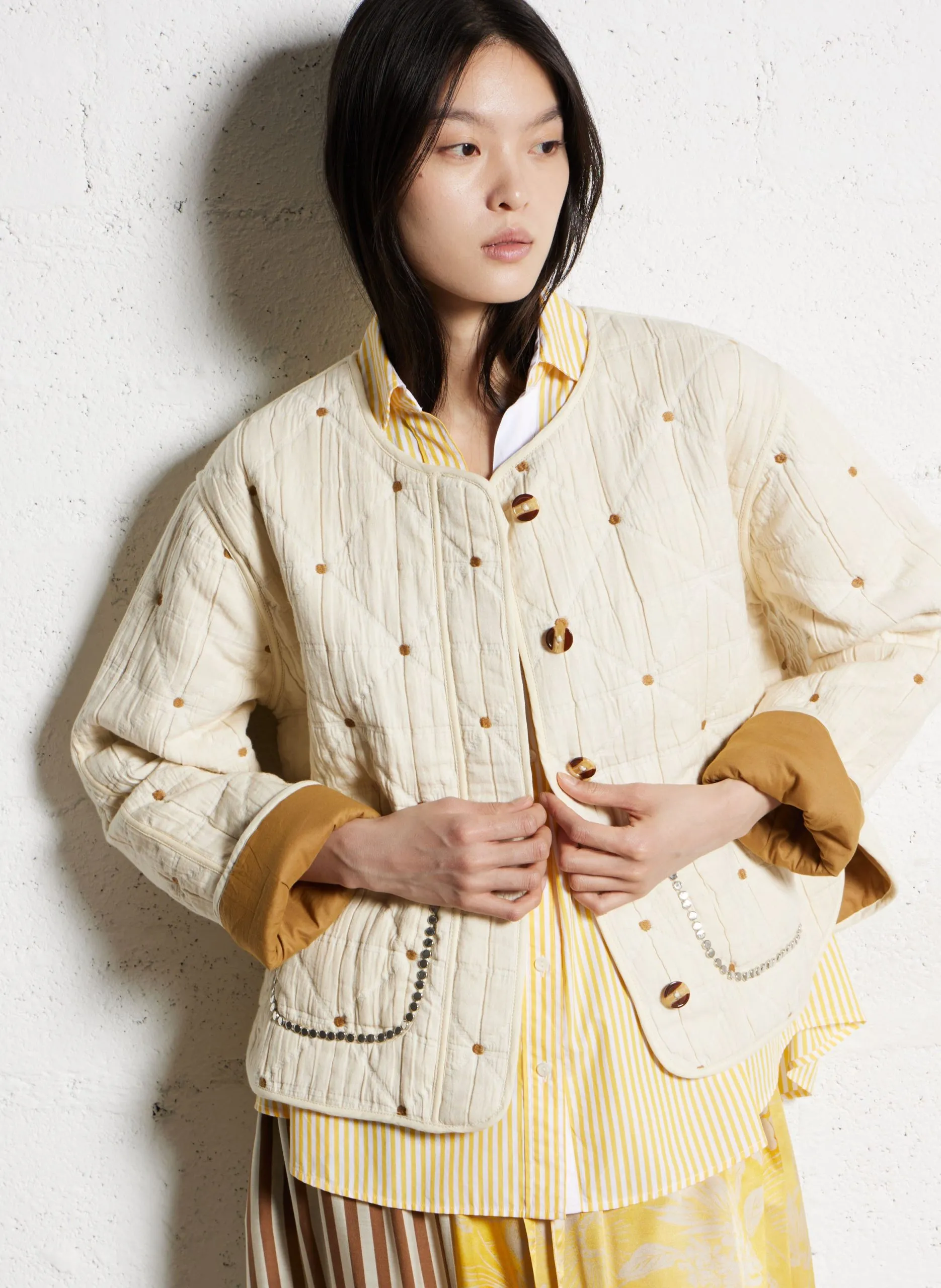 Blouson droit en coton brodé Beige VAHALA