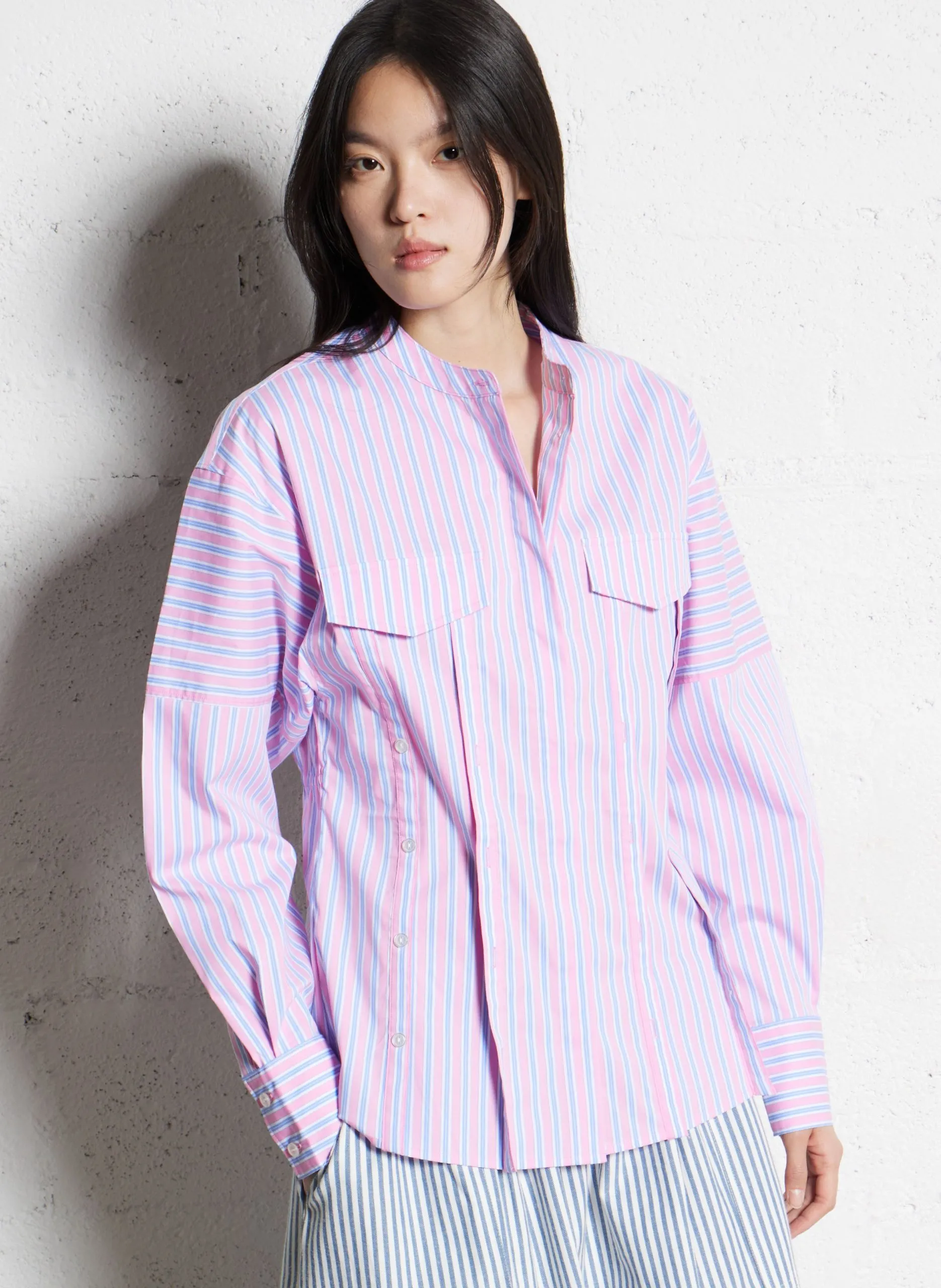 Cheemise col rond à rayures Rose COLINA