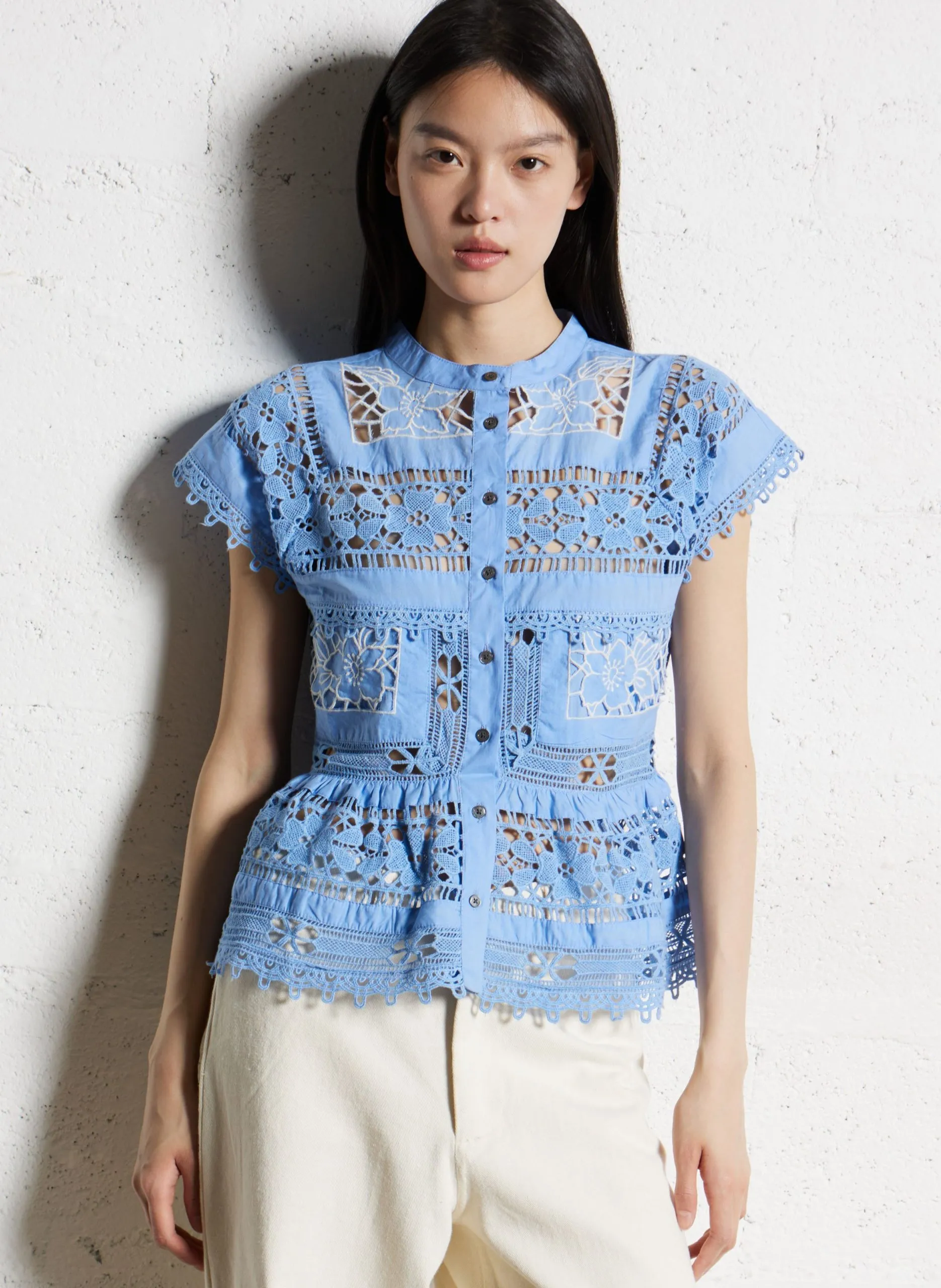 Top col rond en broderie anglaise Bleu SEA