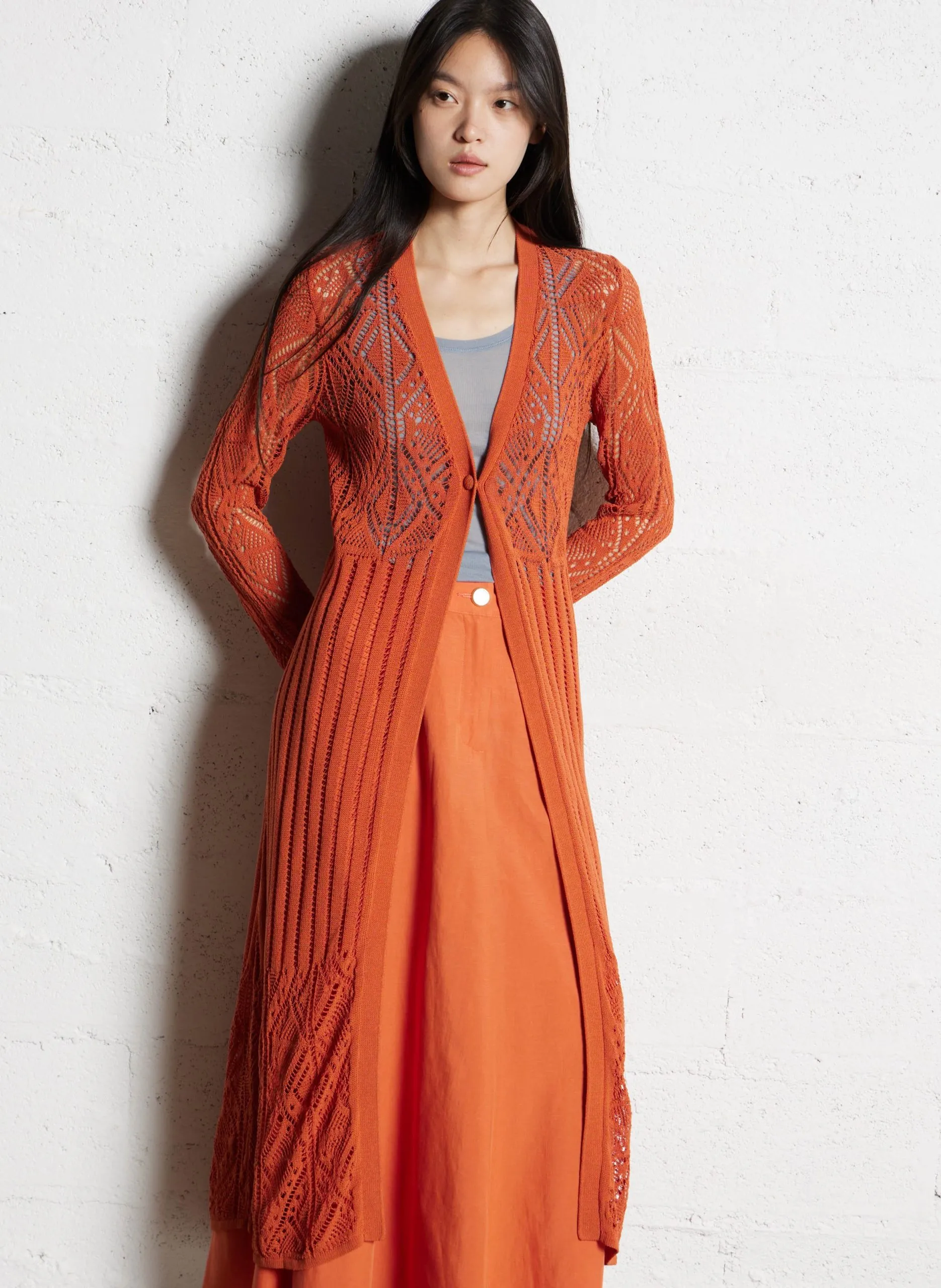 Gilet long en maille ajourée fantaisie Rouge