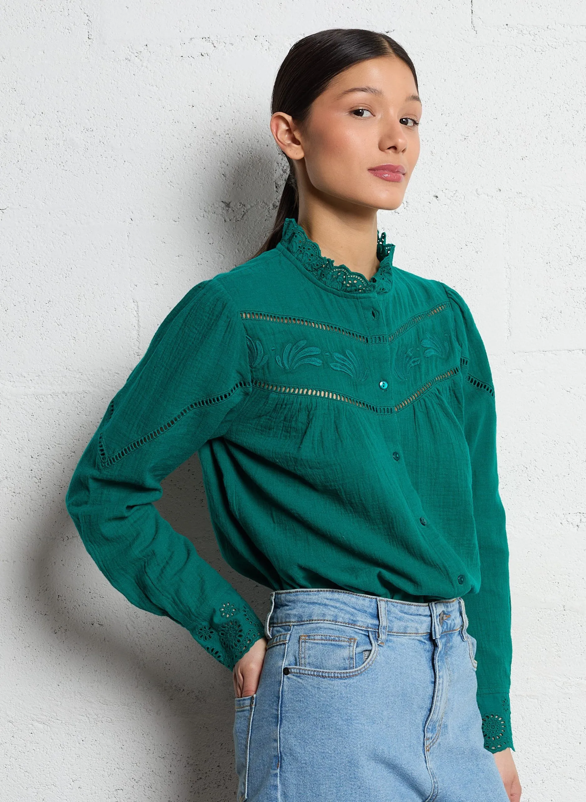 Blouse col rond en coton Vert