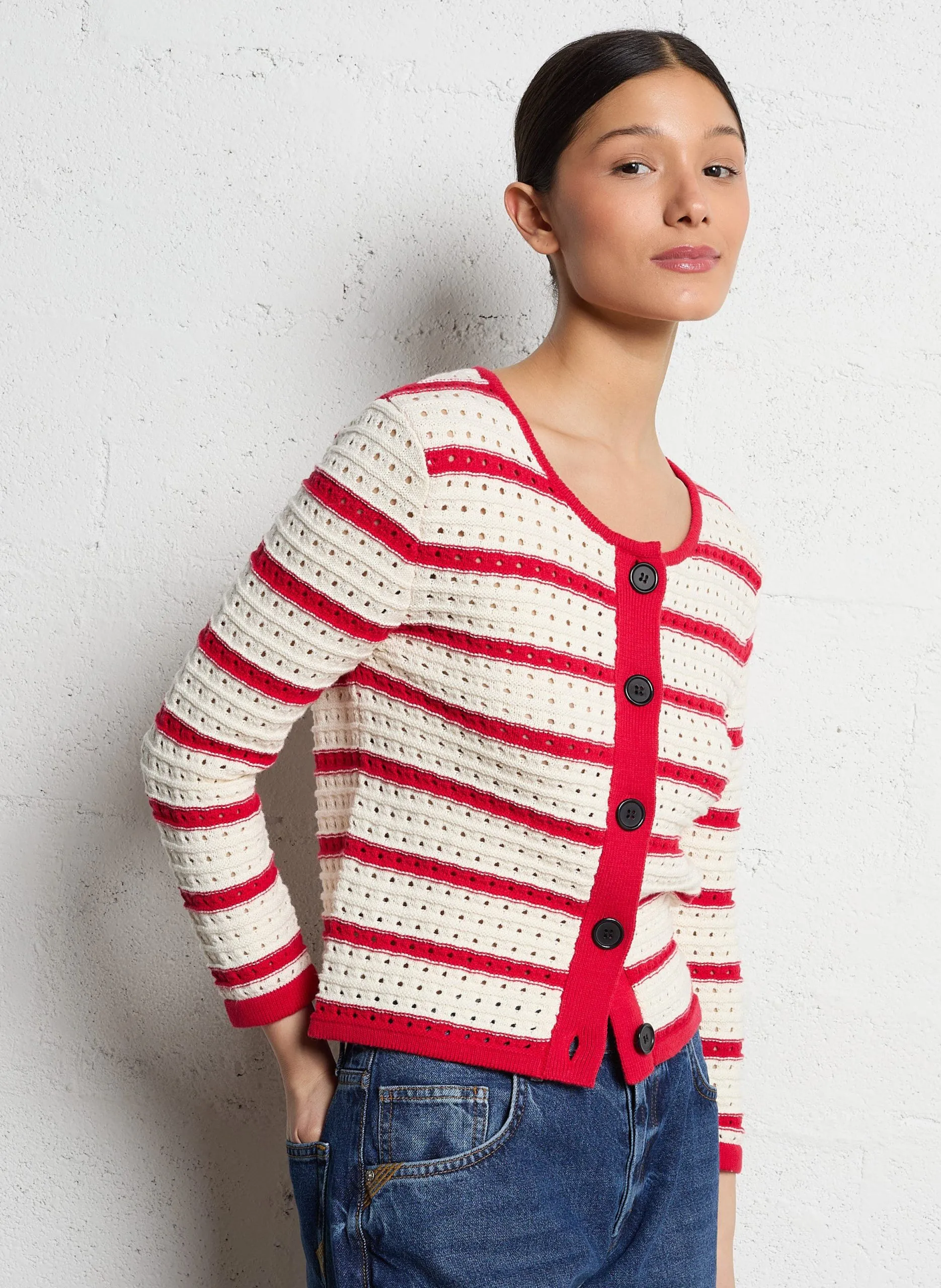 Gilet droit col rond en coton Rouge SASHA