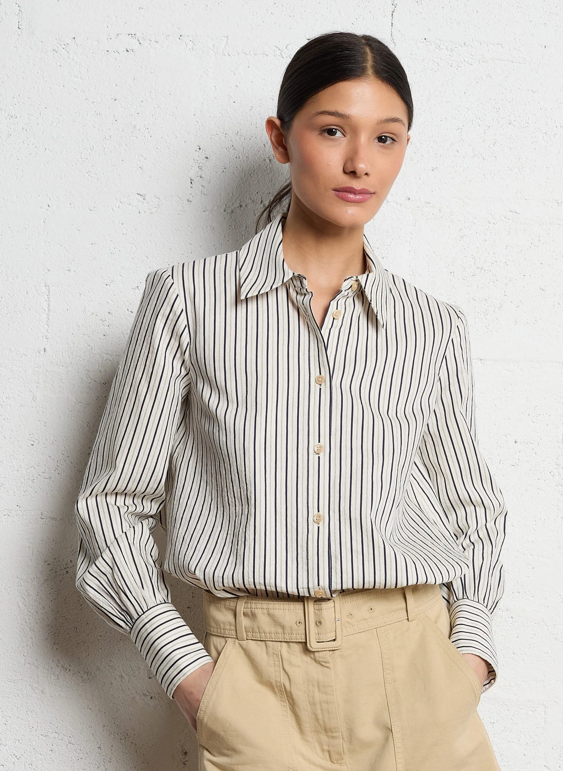 Chemise oversize col classique en coton mélangé Beige FANNY