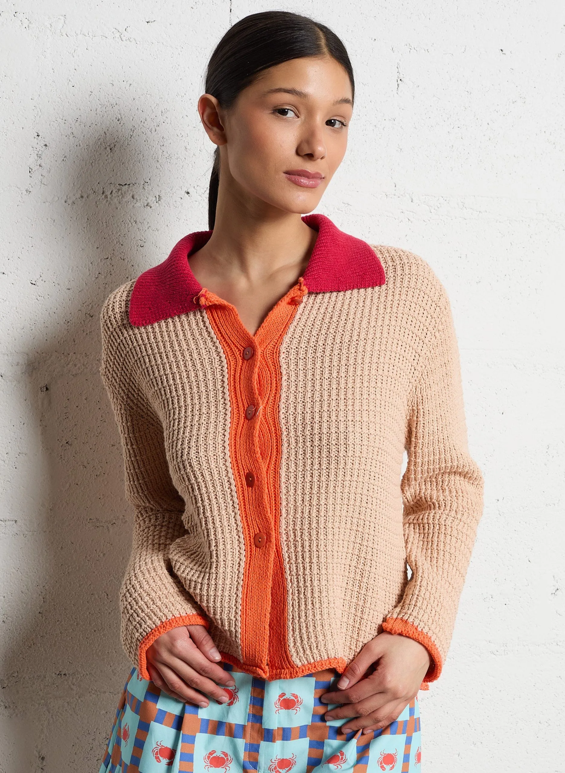 Gilet ample col classique en coton mélangé Beige MISTY