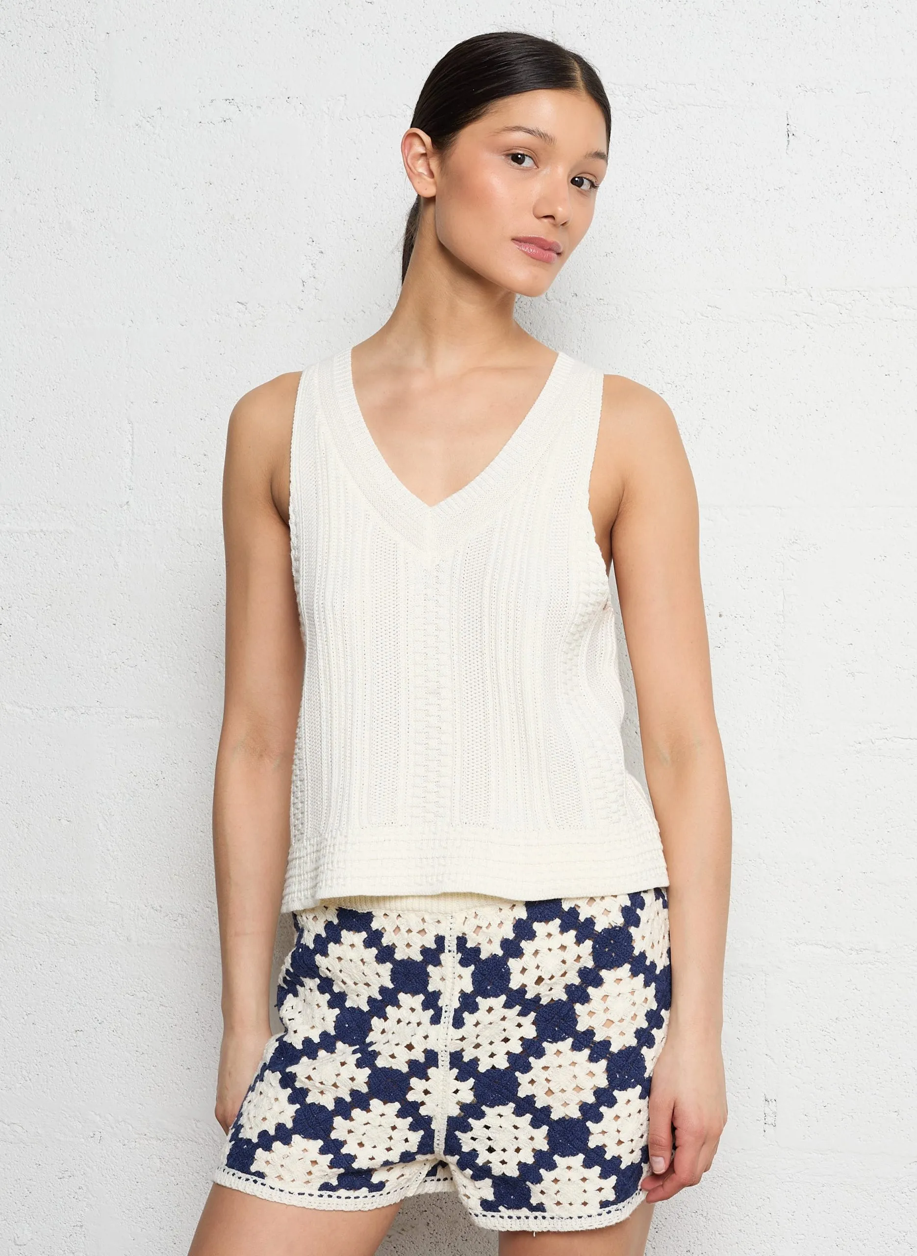 Débardeur col v en maille Blanc