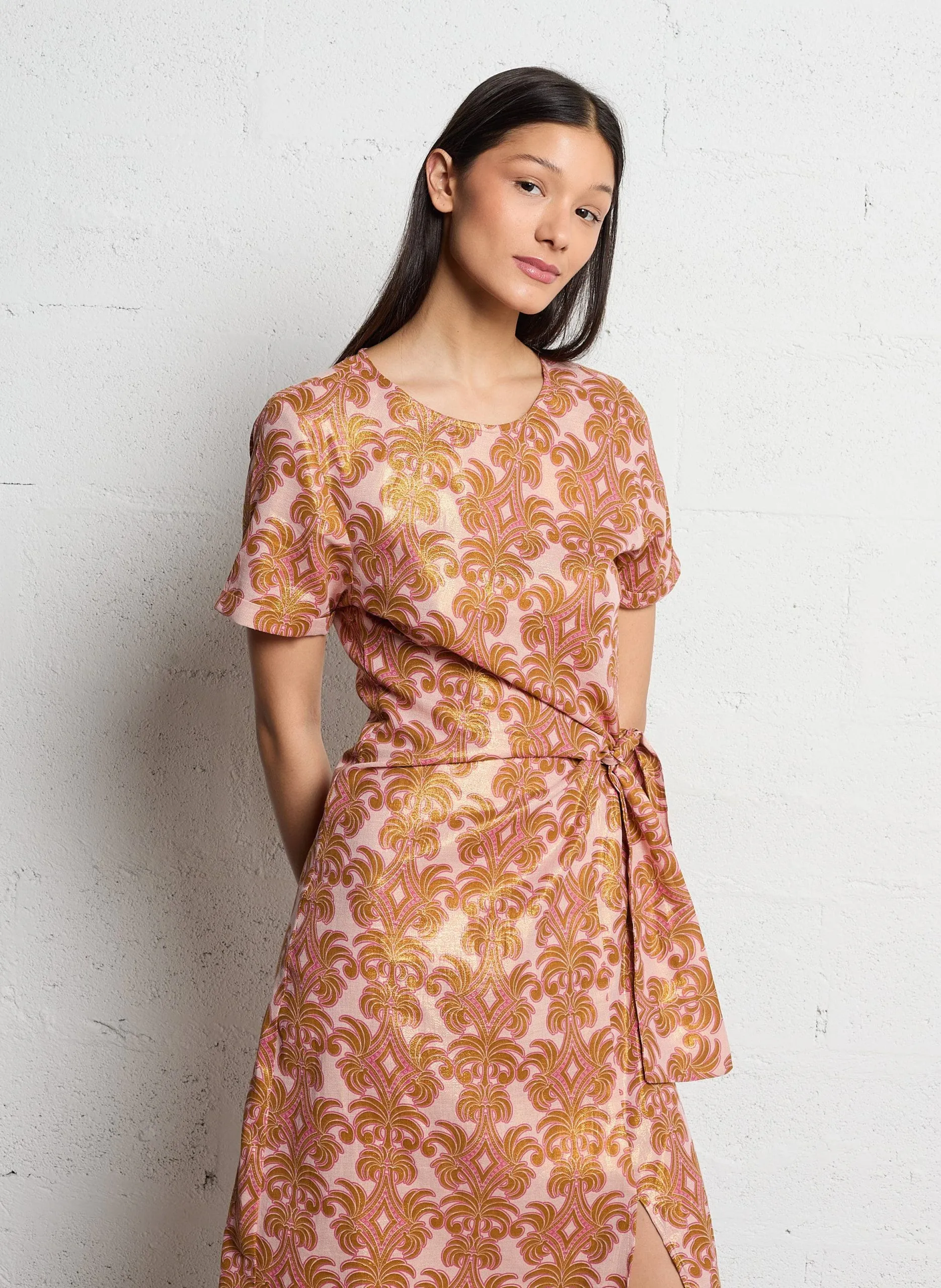 Robe midi col rond en coton mélangé Doré ROLLENE