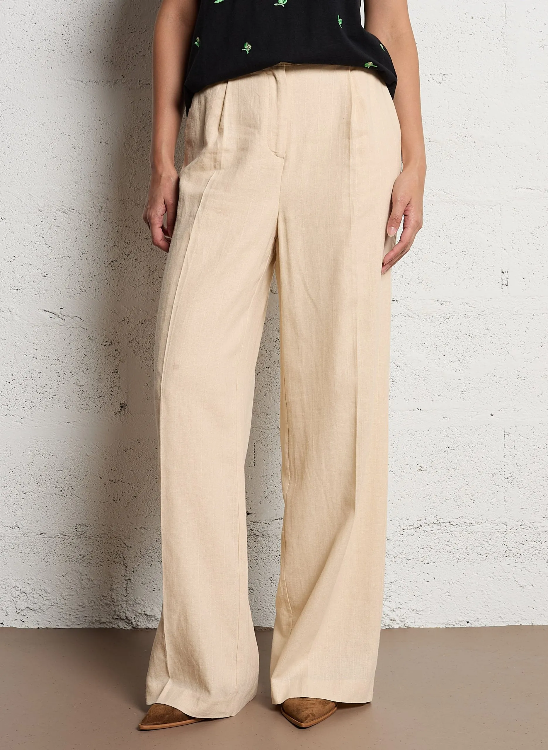 Pantalon large à pinces en lin mélangé Beige NURA