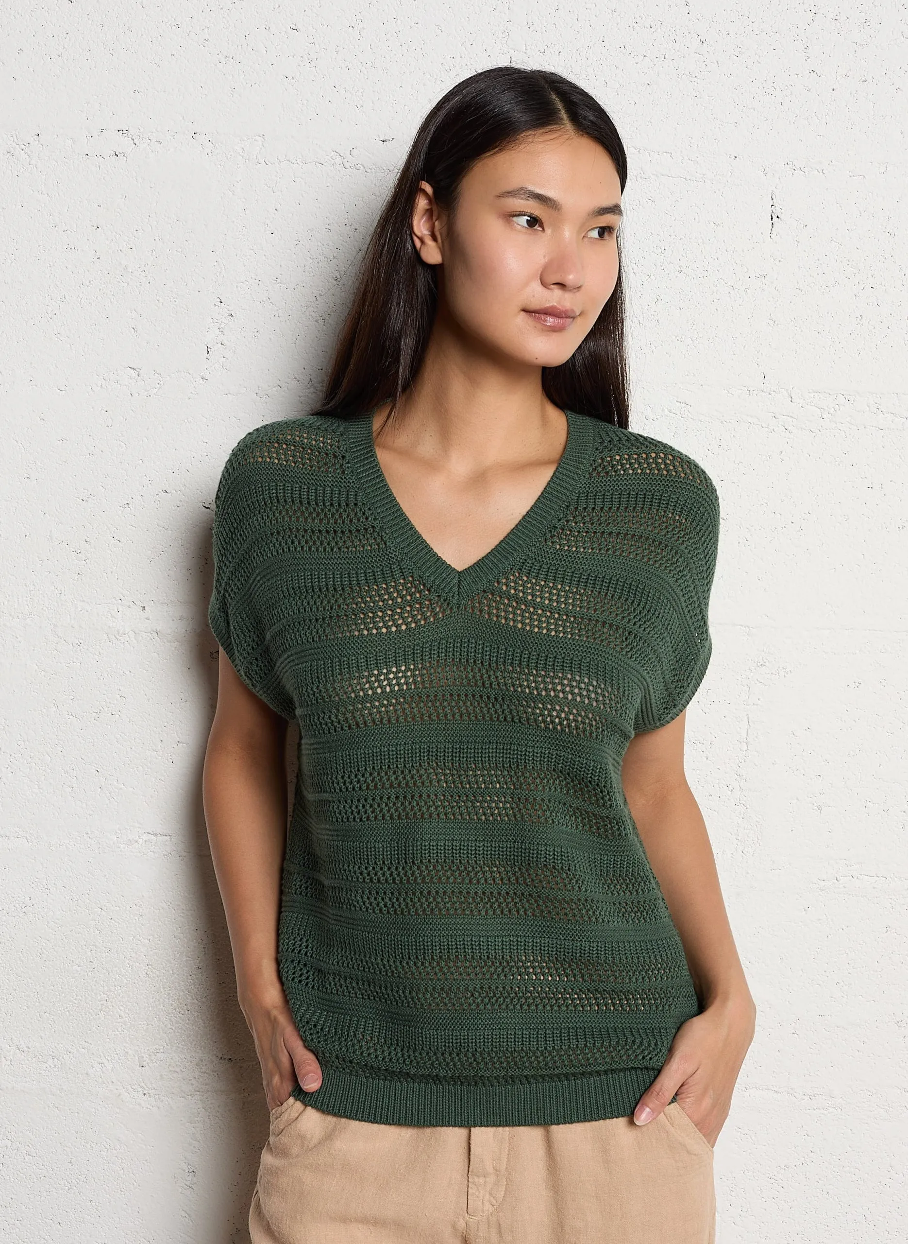 Pull manches courtes en maille ajourée Vert MAGUE