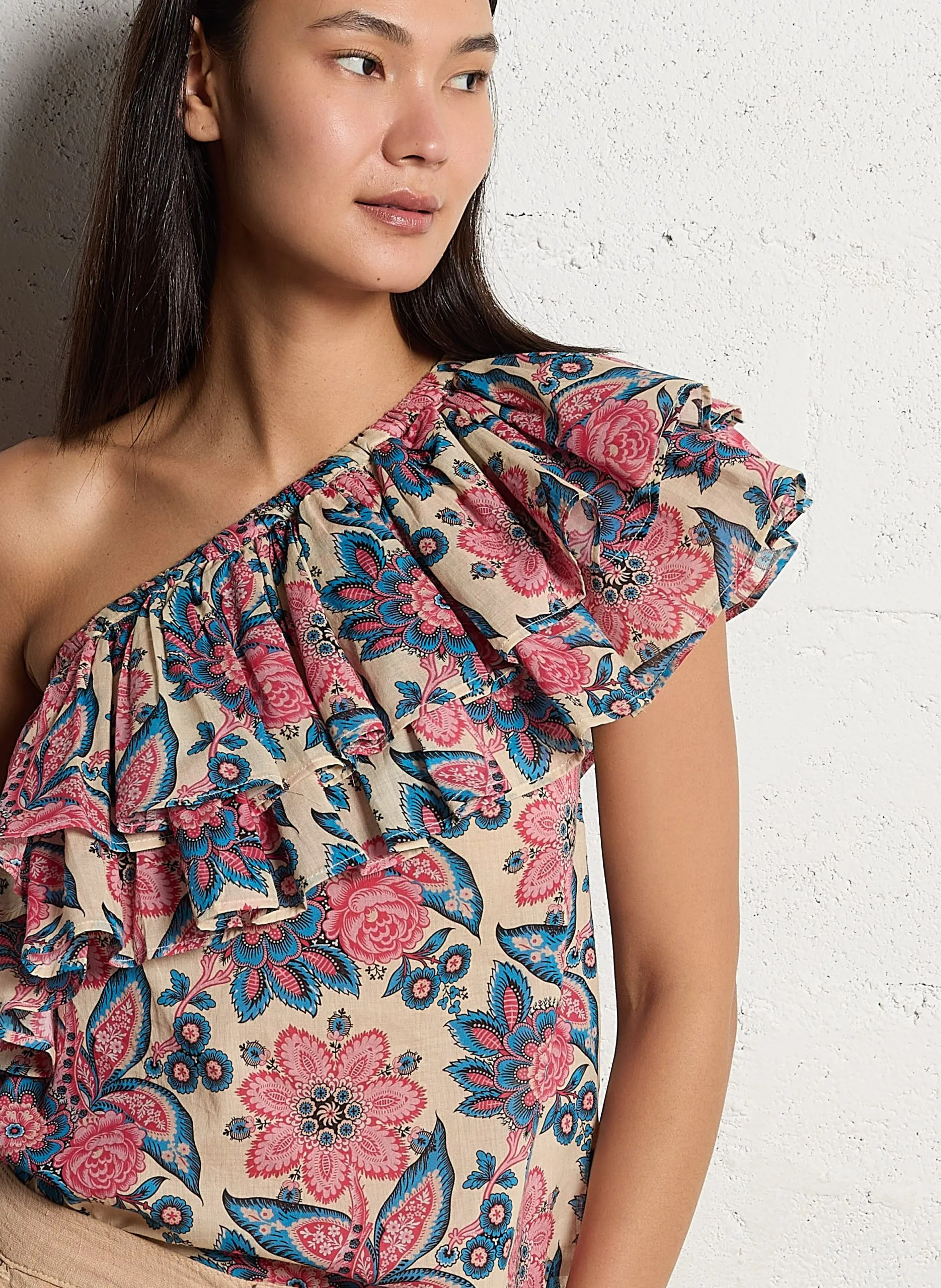 Top asymétrique en coton Bleu TIMEO