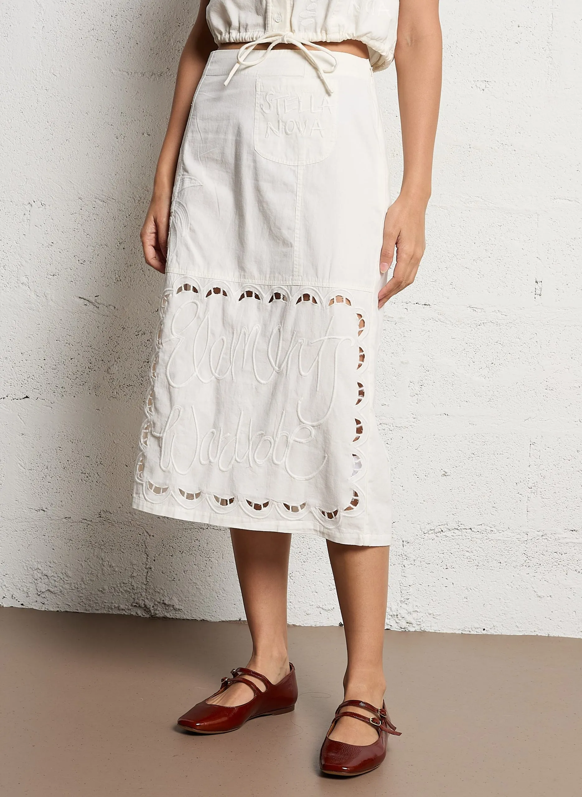 Jupe midi en coton brodé Blanc