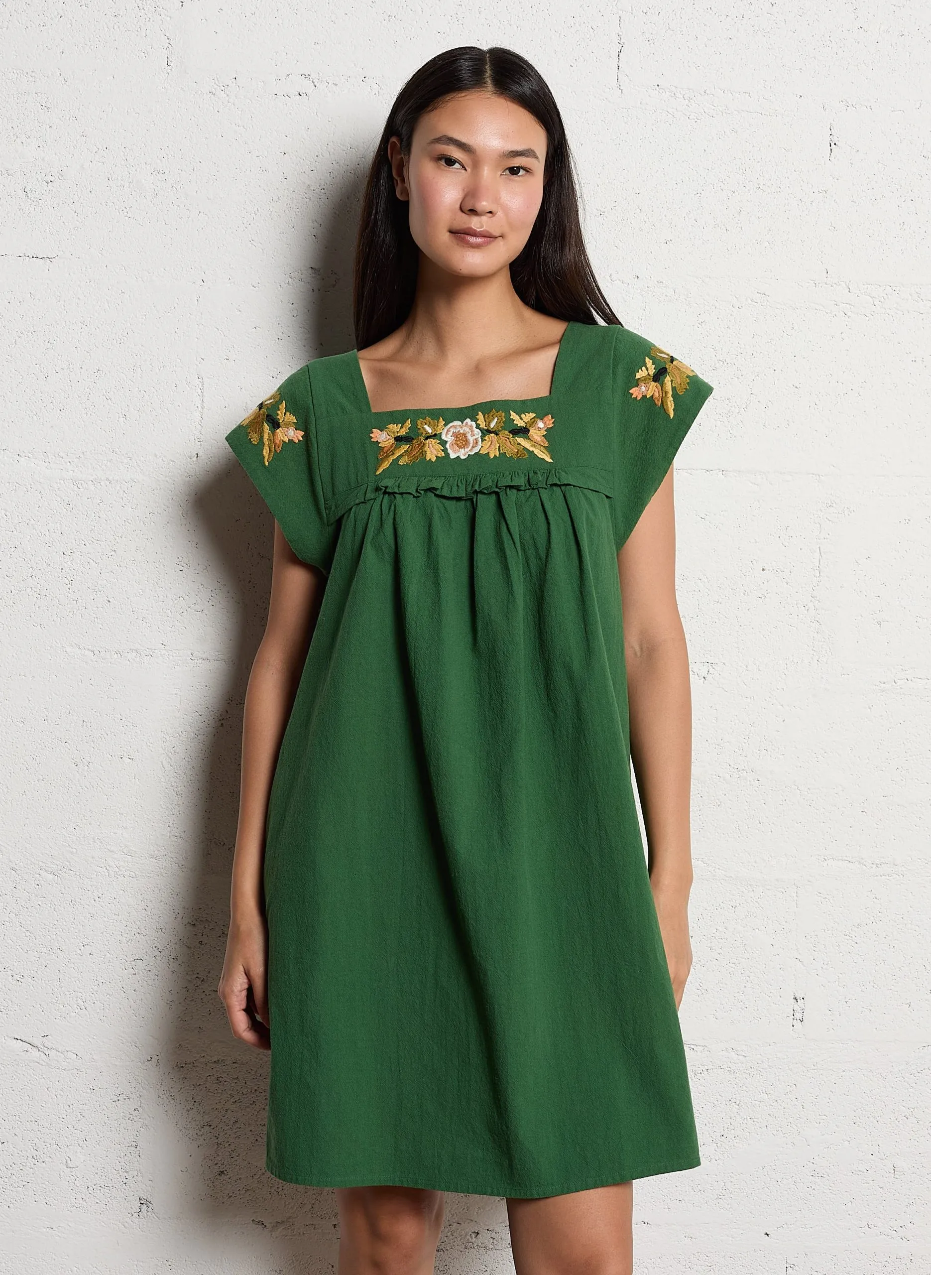 Robe courte col carré en coton bio Vert RADDIX