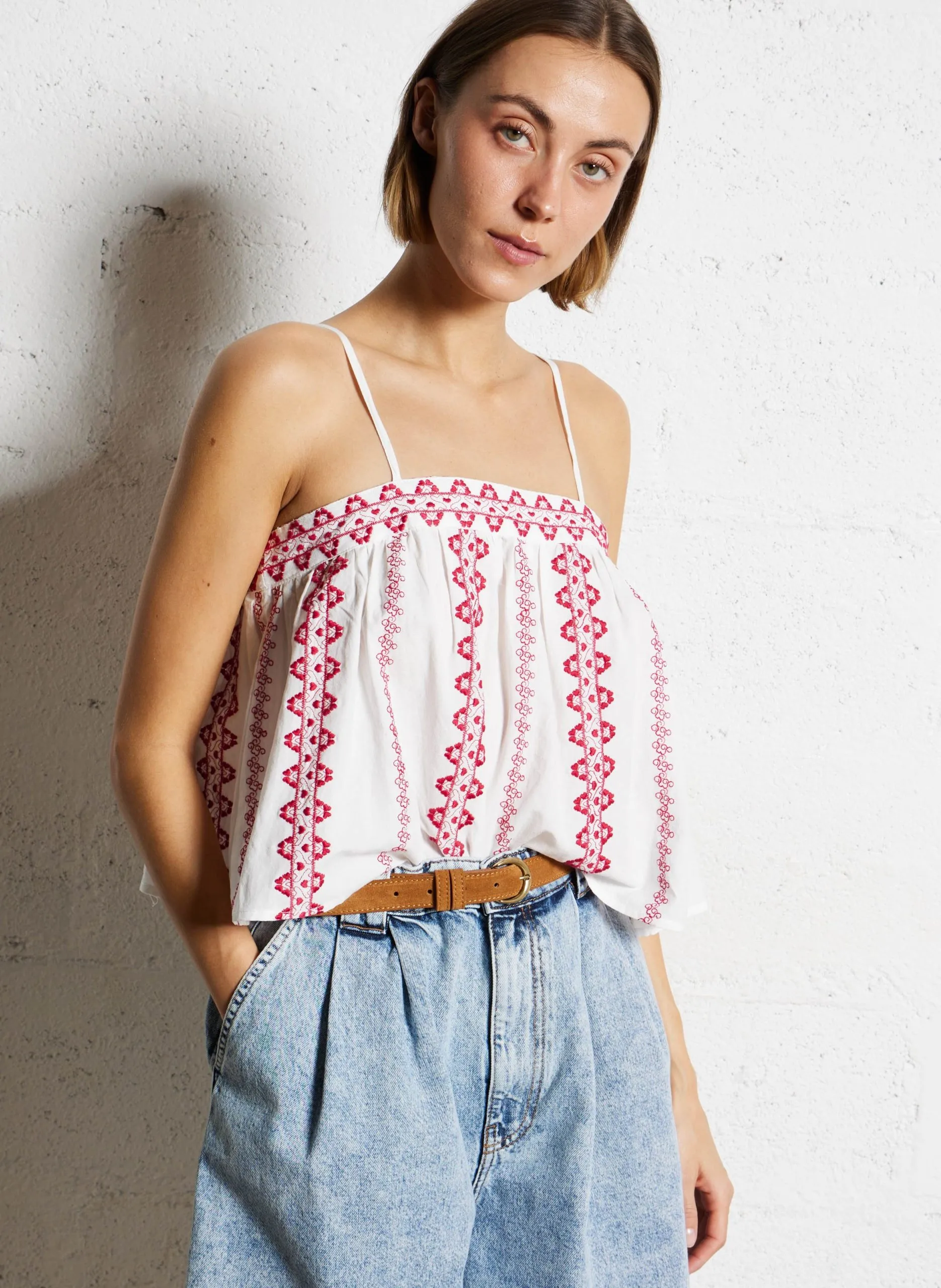 Top col carré en coton Rose