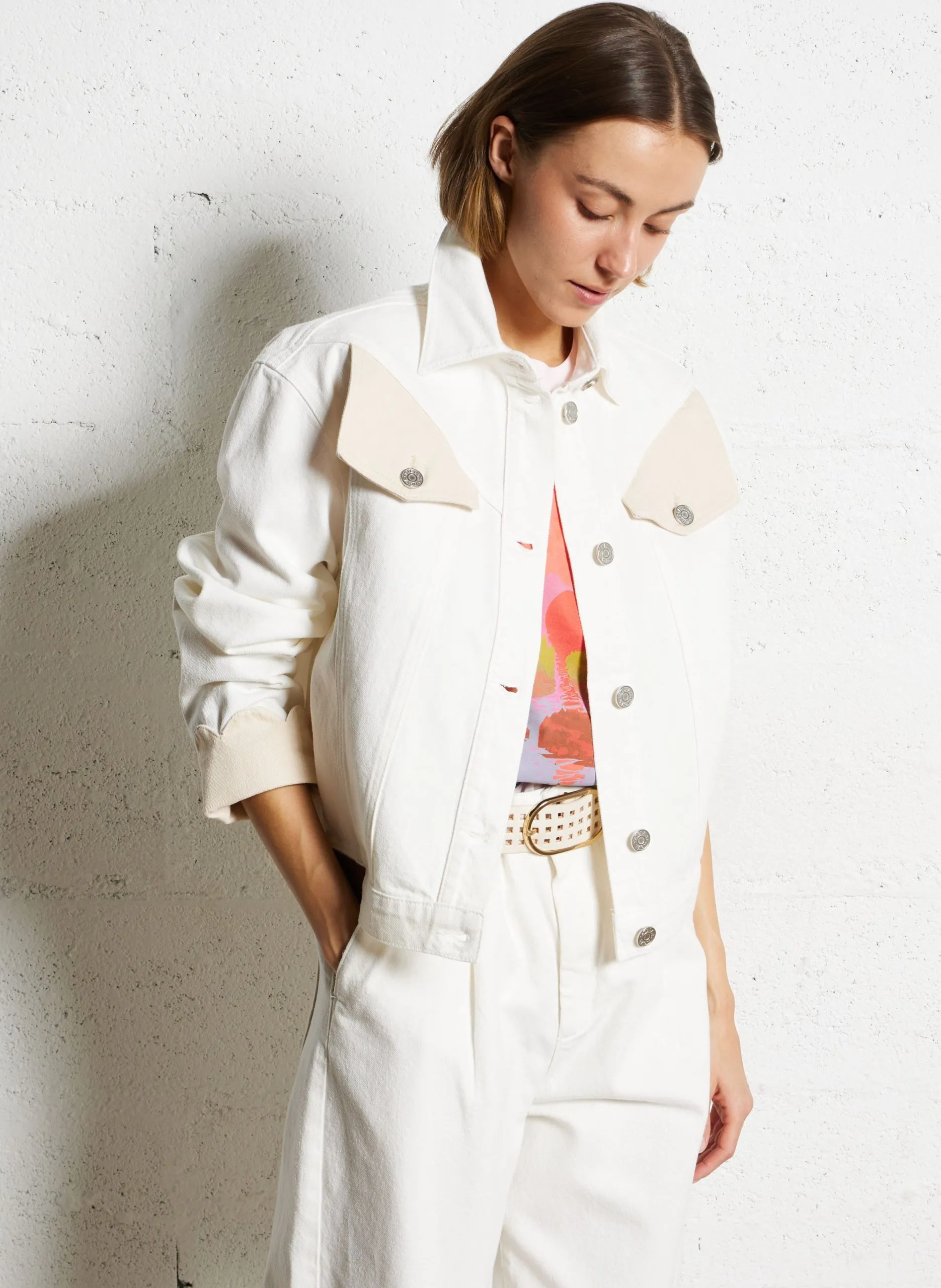 Veste col classique en denim de coton Blanc