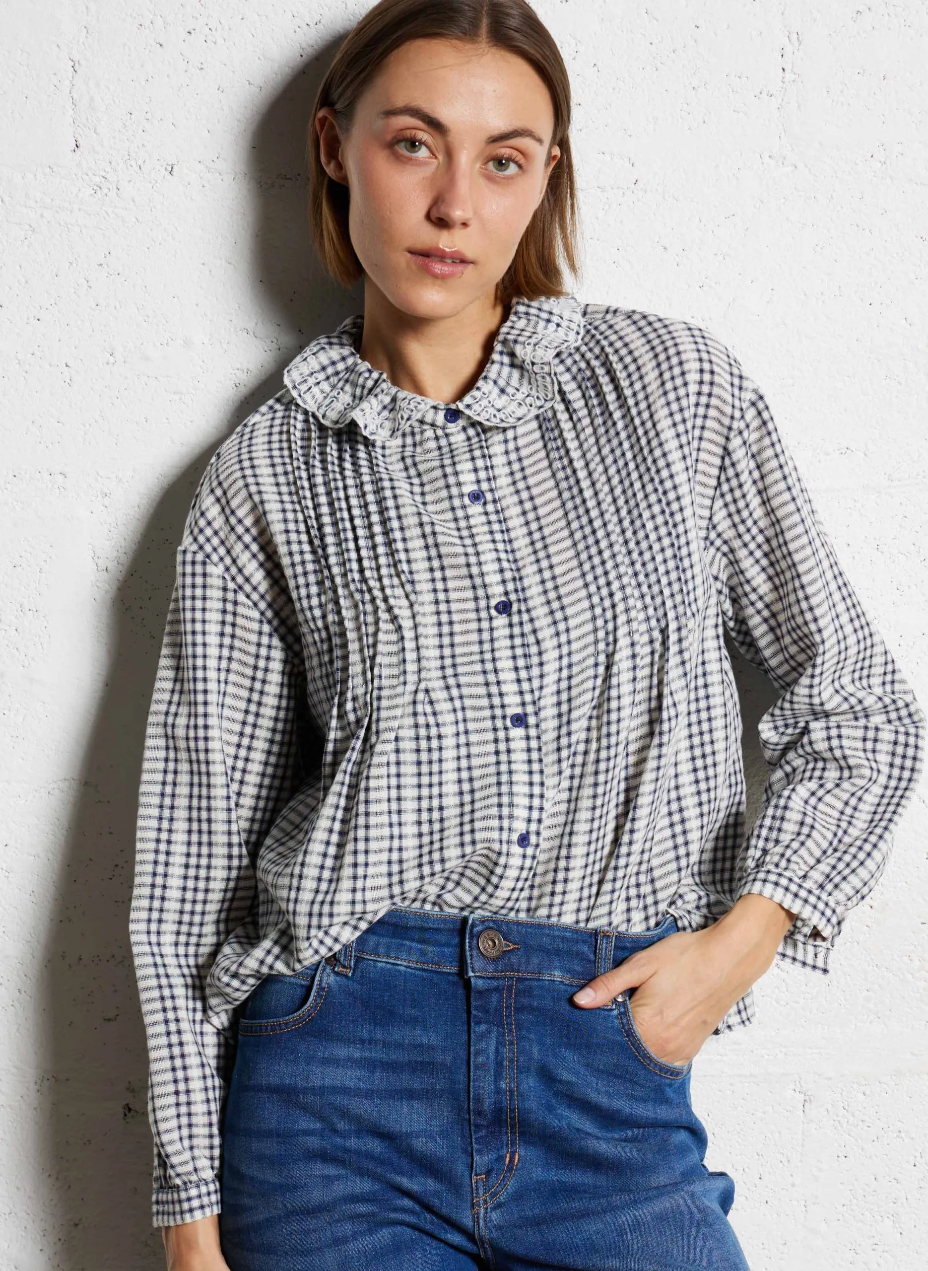 Chemise droite en coton mélangé imprimé Bleu