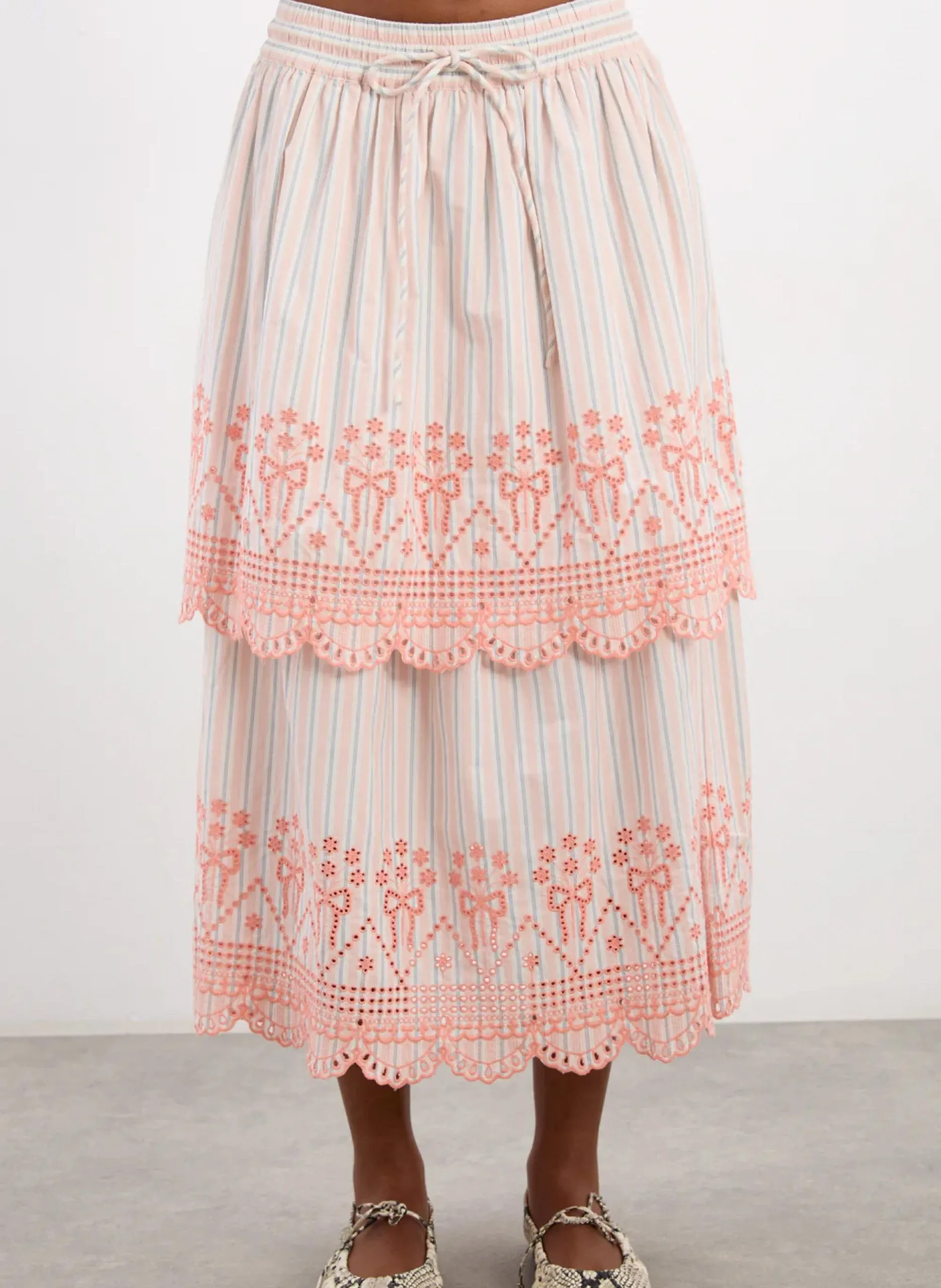 Jupe longue en coton bio rayé et brodé Orange COSETTE