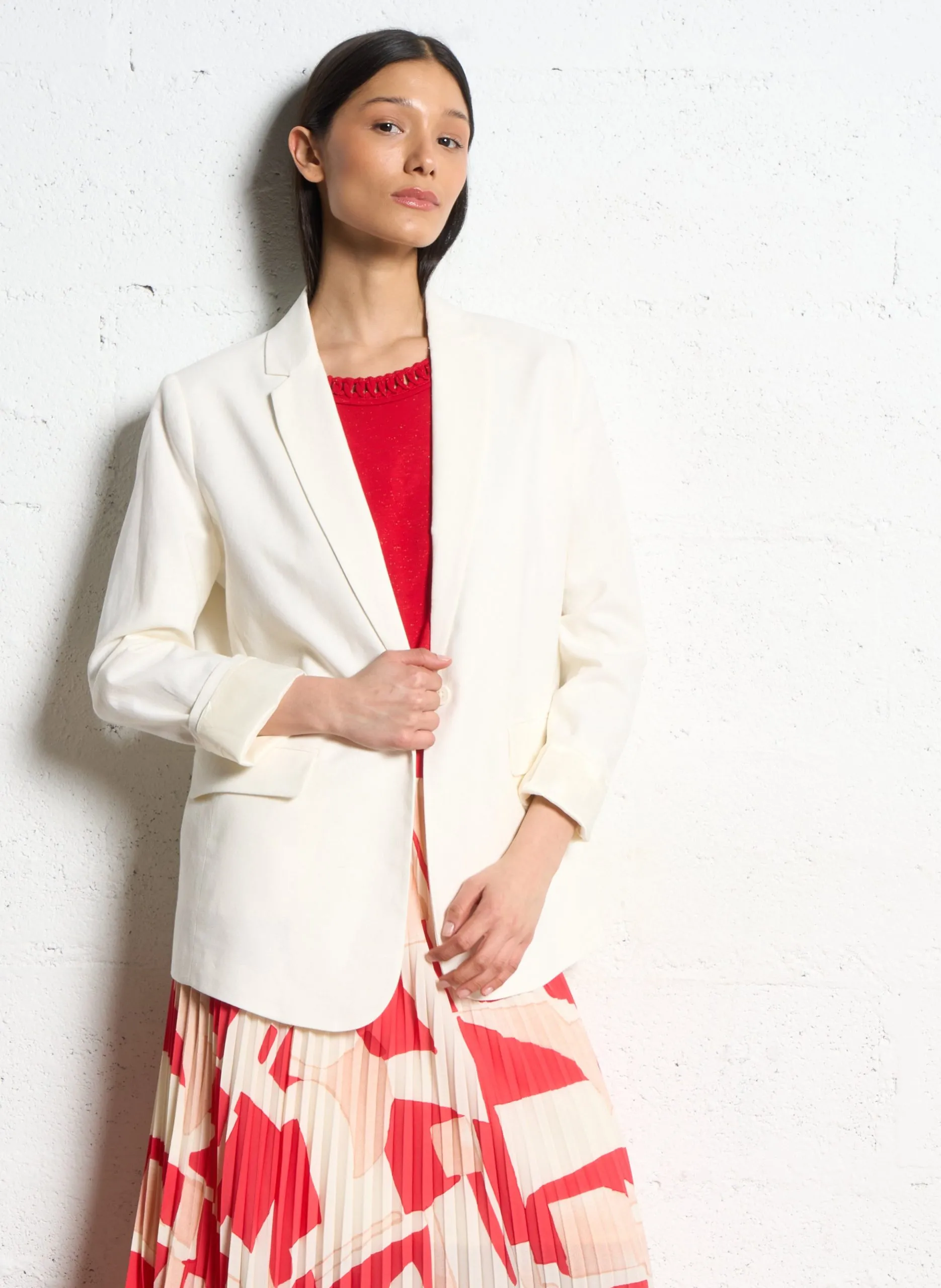 Veste de tailleur droite en lin mélangé Blanc