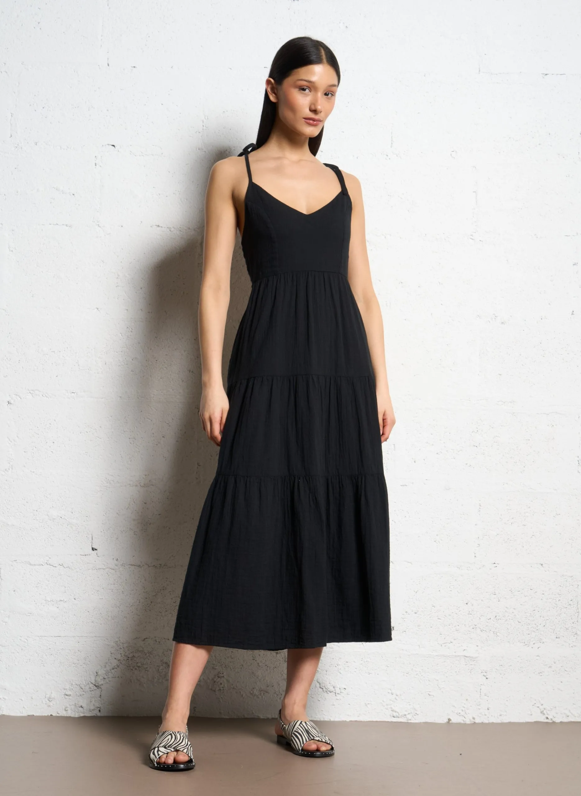 Robe longue col V en gaze de coton Noir SOPALE