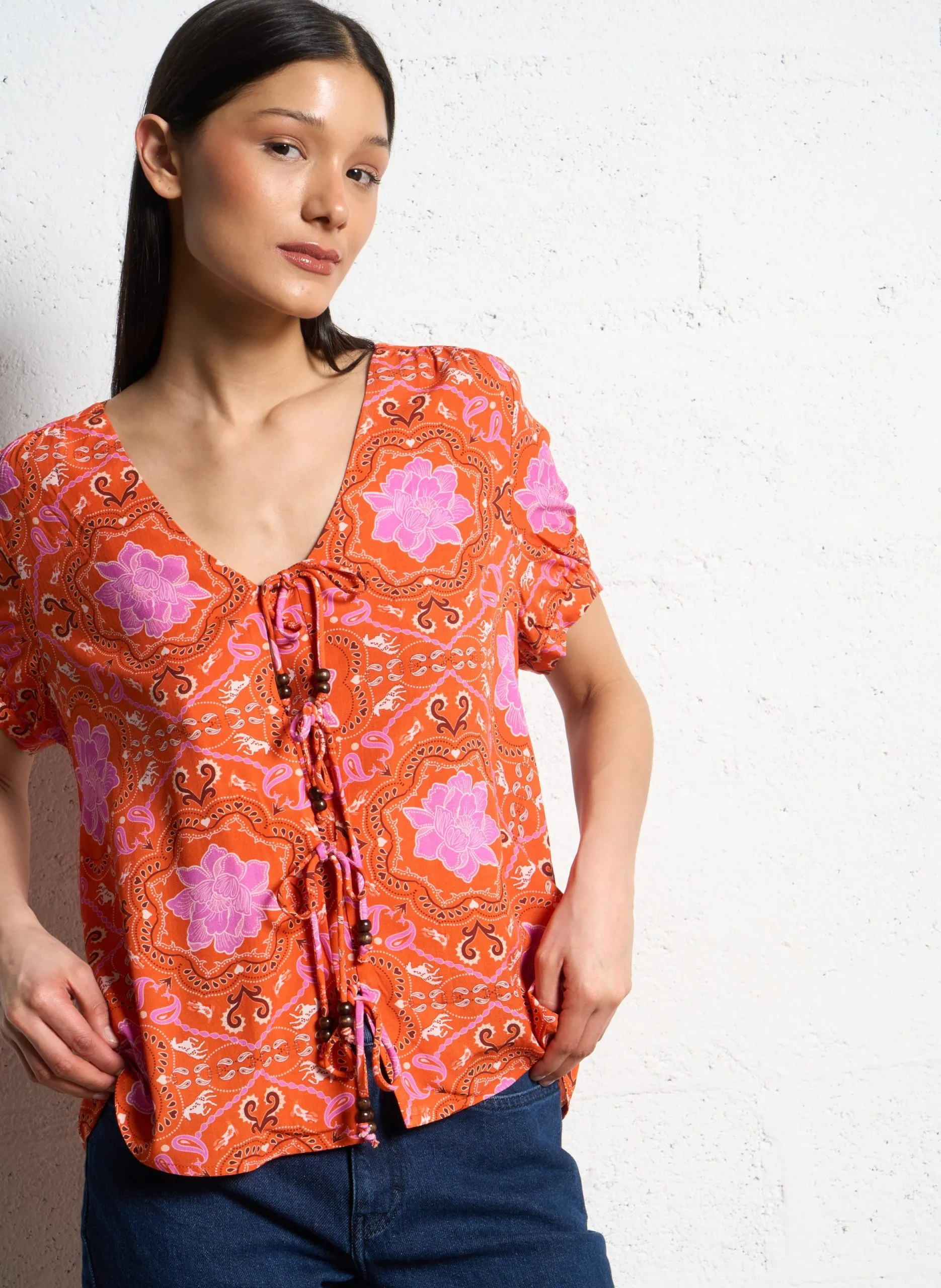 Top col v à imprimé floral Orange THUY