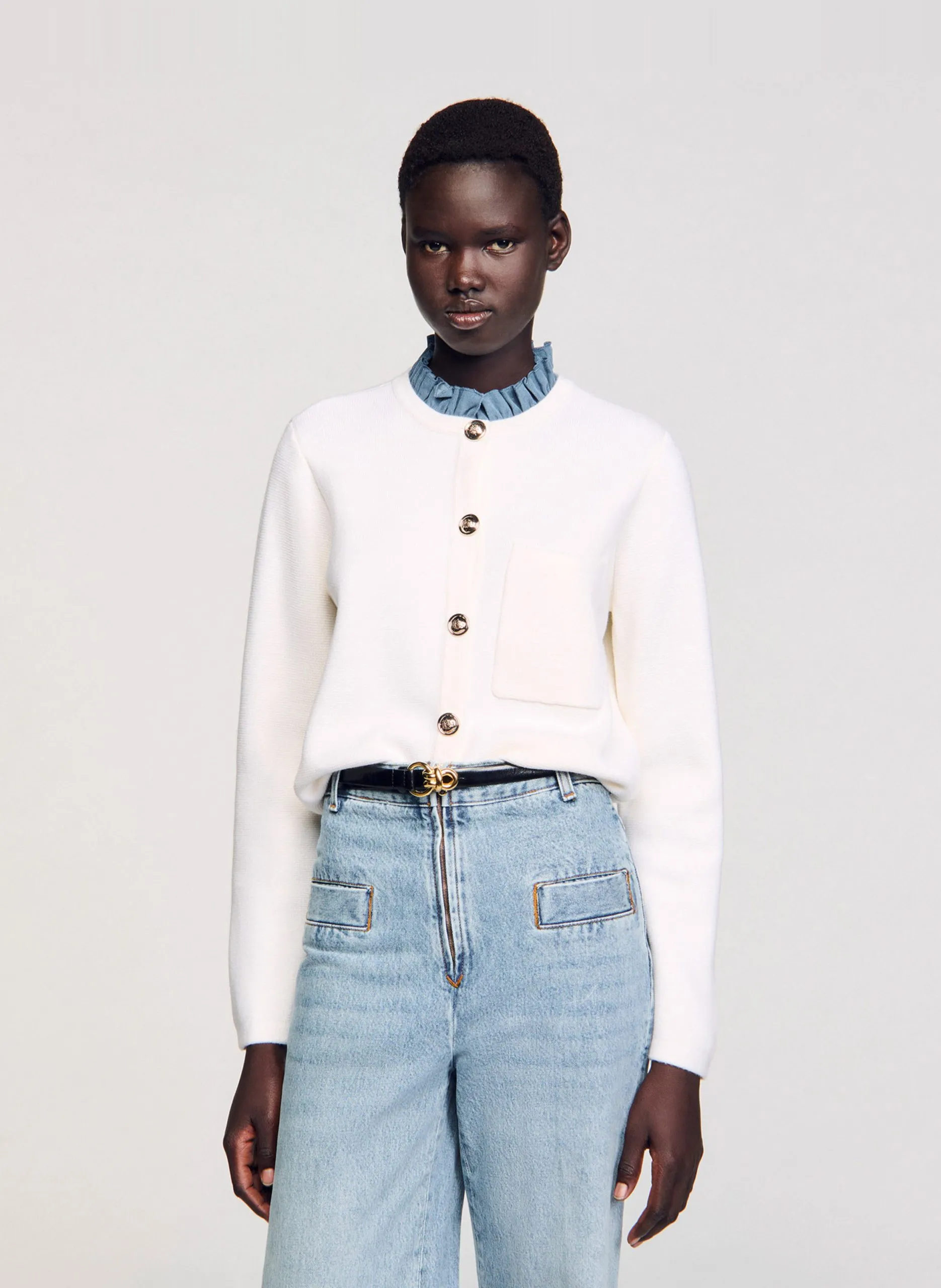 Gilet droit col victorien amovible en laine mélangée Blanc