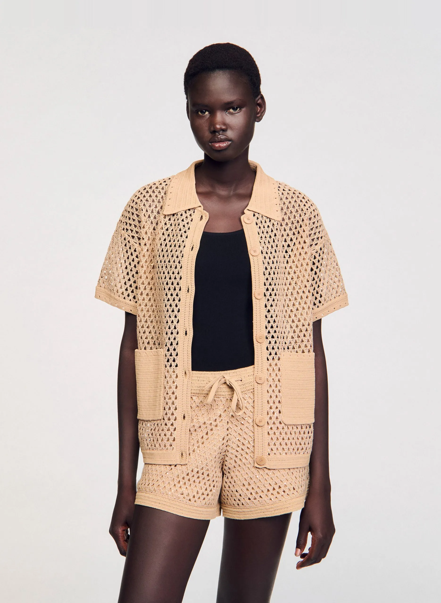 Gilet col chemise en crochet Beige