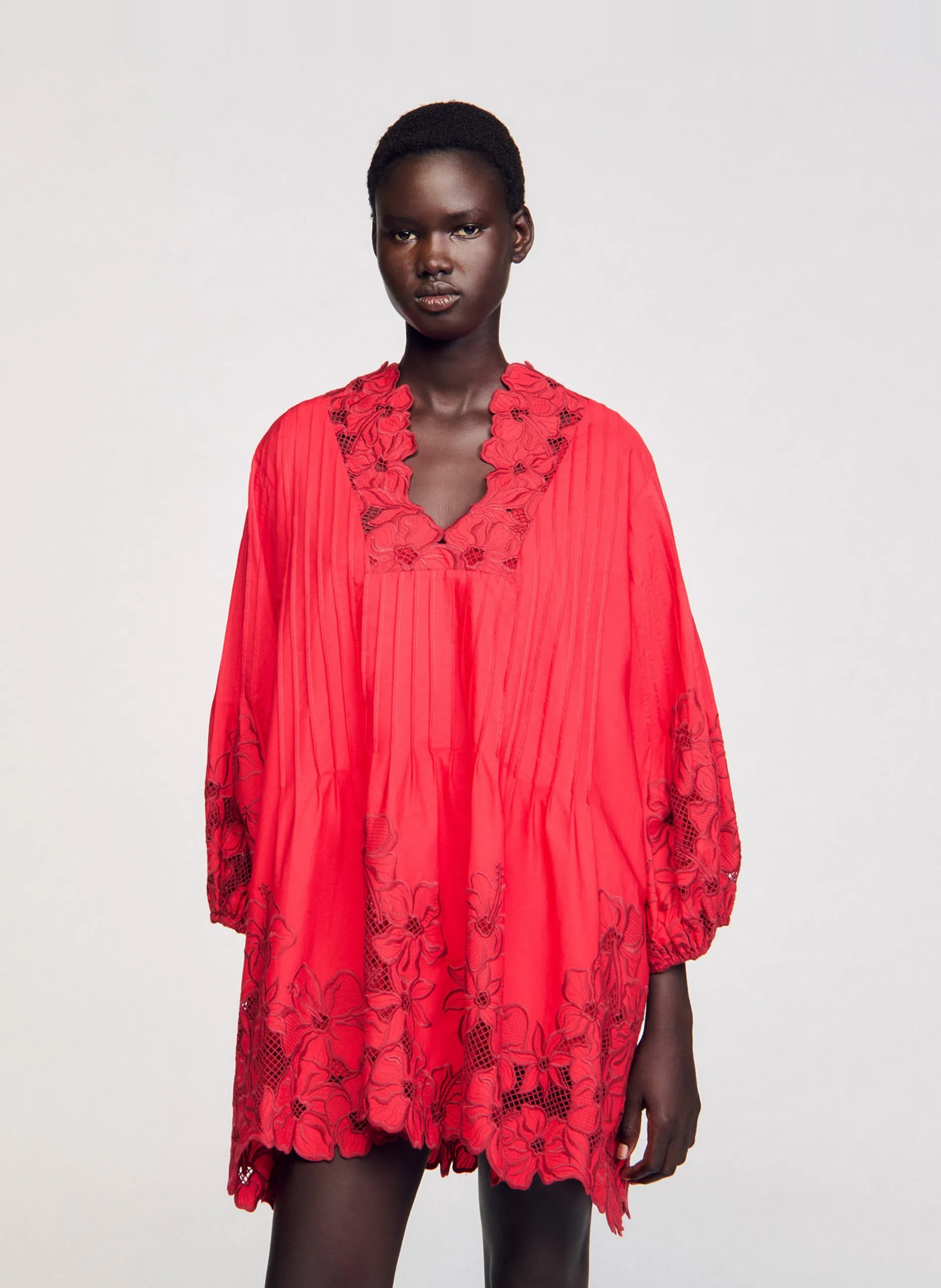 Robe ample manches 3/4 à fleurs Rouge