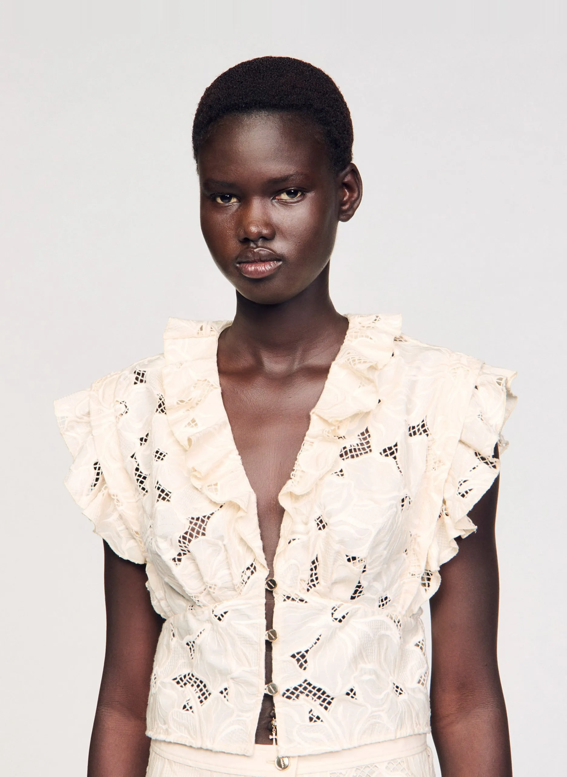 Top dentelle sans manches à volants Blanc