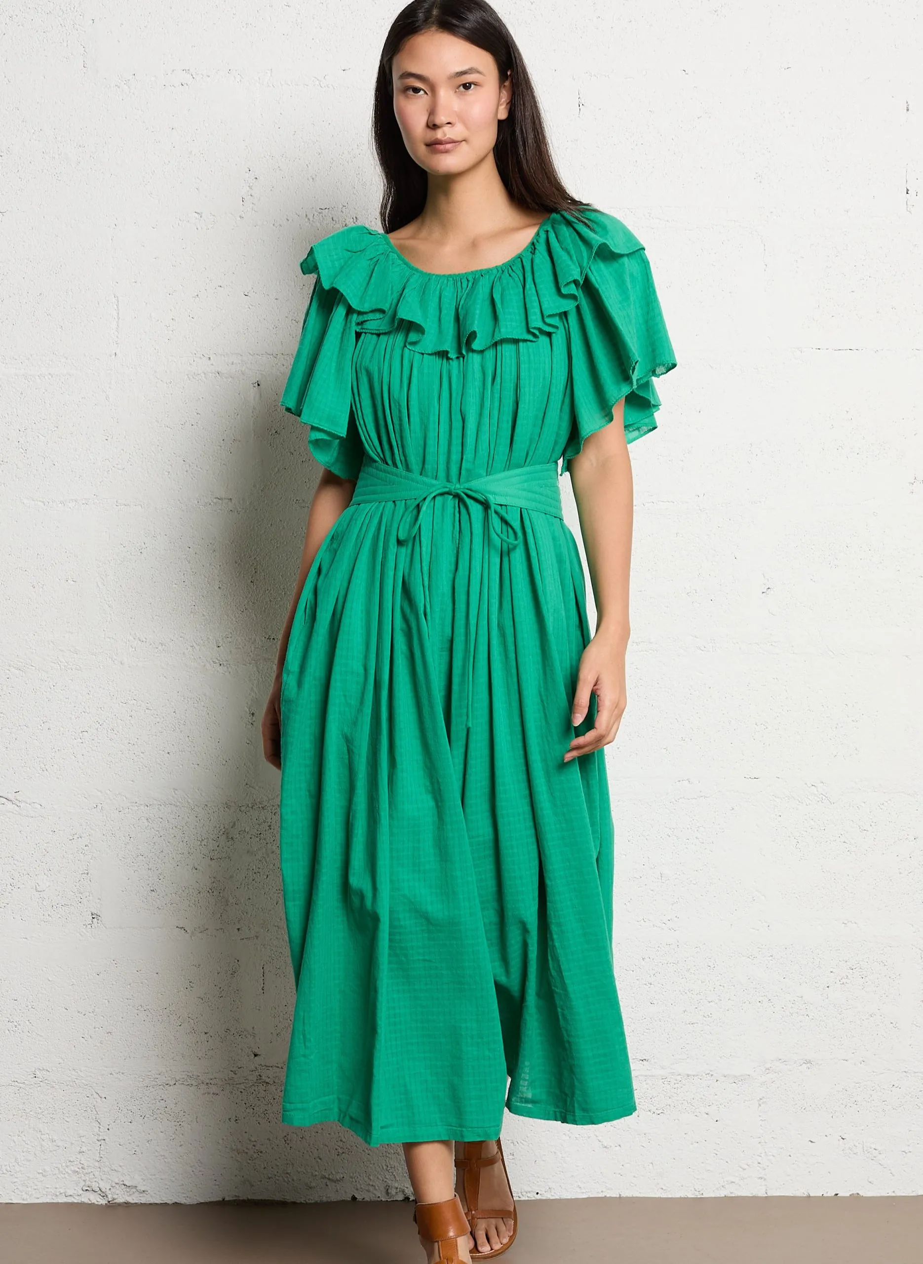 Robe longue col rond en coton bio Vert RAEYA