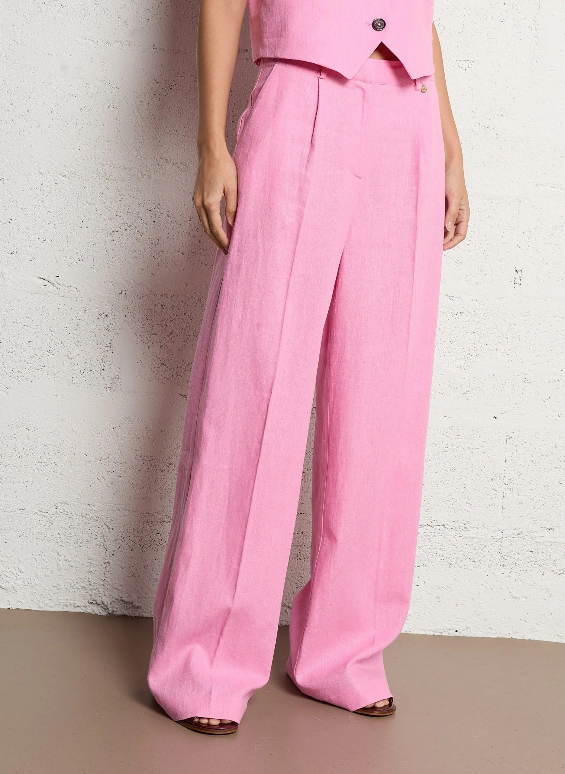 Pantalon large à pinces en lin mélangé Rose NURA