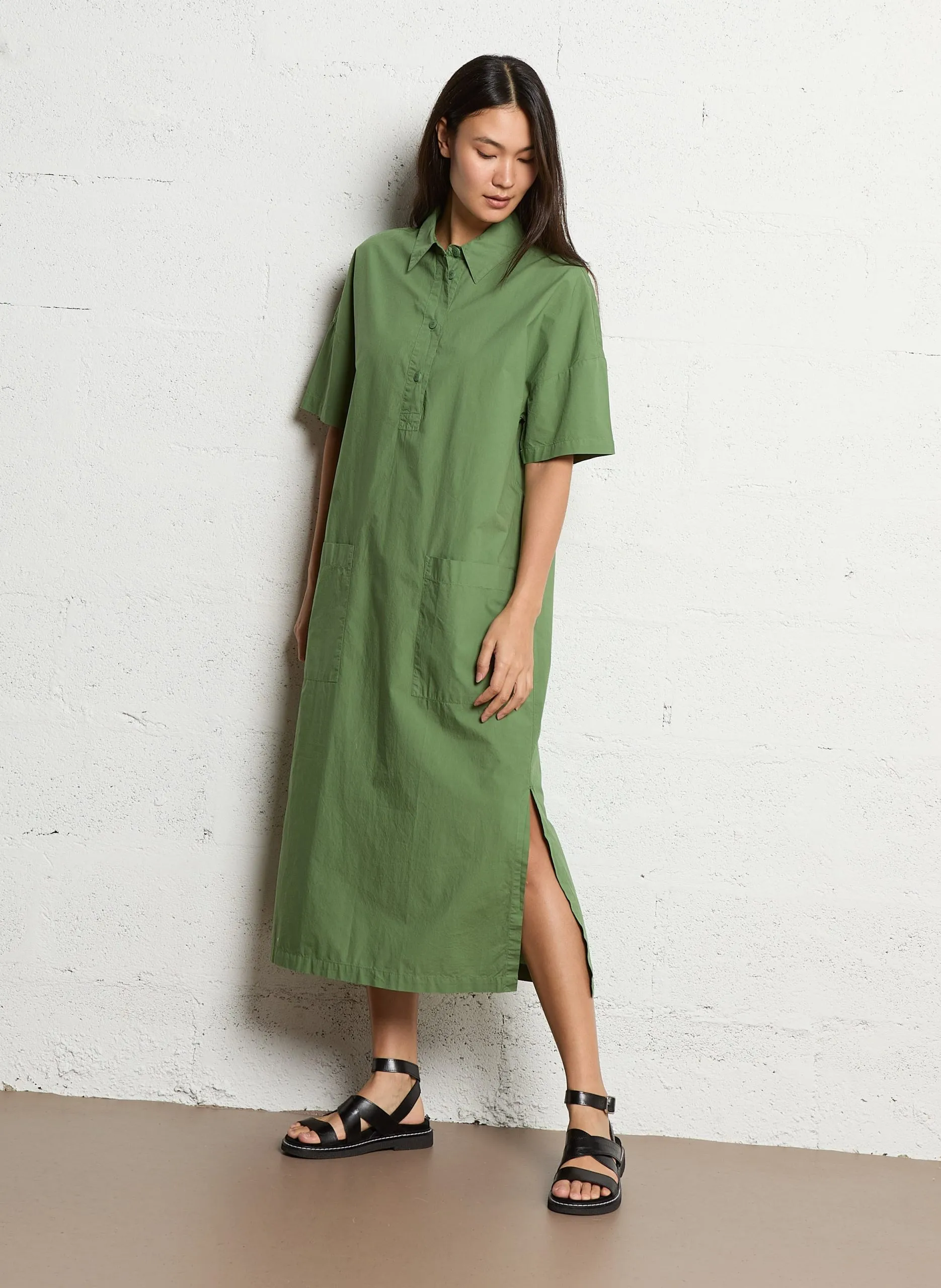 Robe longue col classique en coton Vert NORA