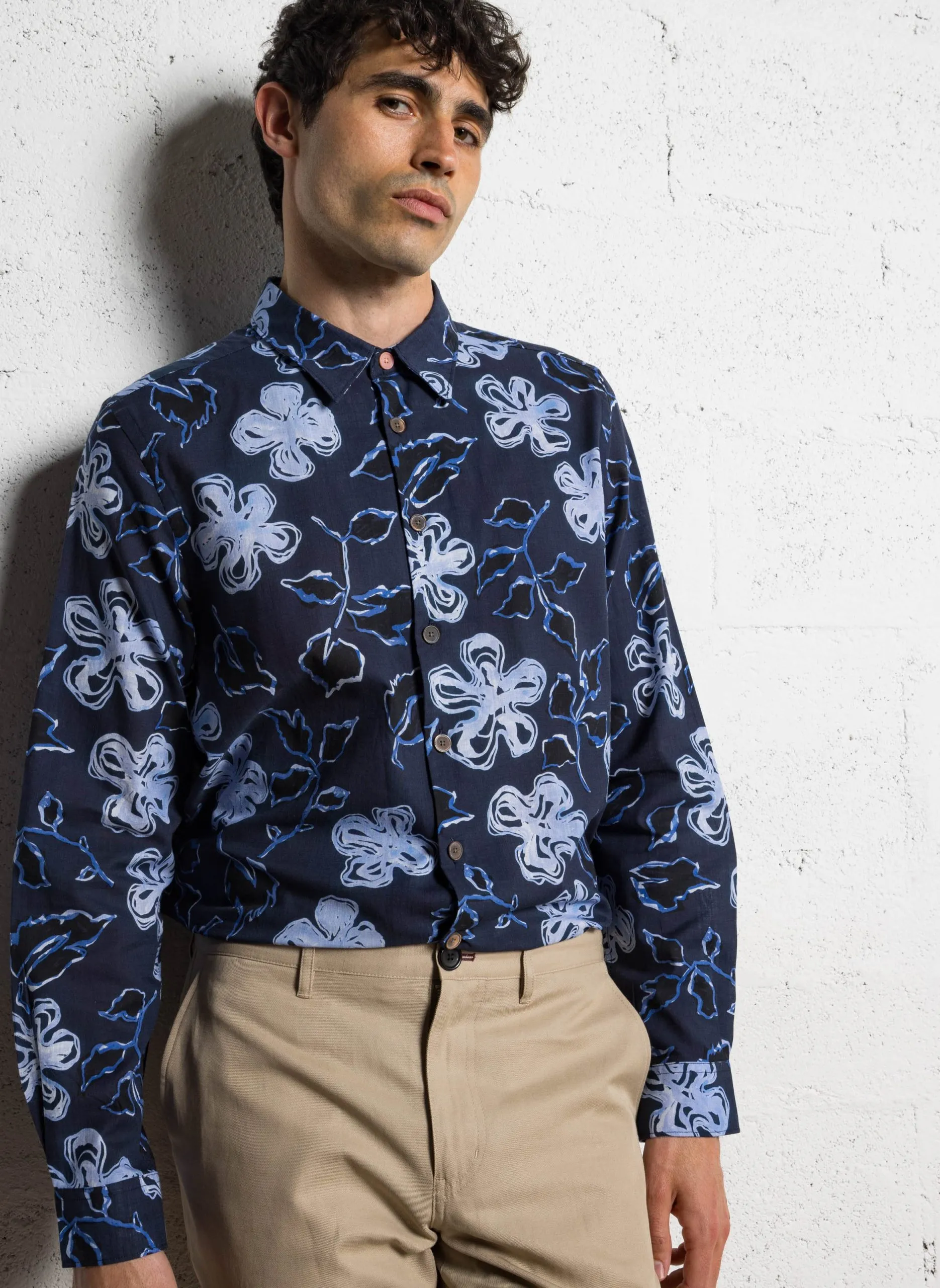 Chemise droite imprimée en coton bio Bleu