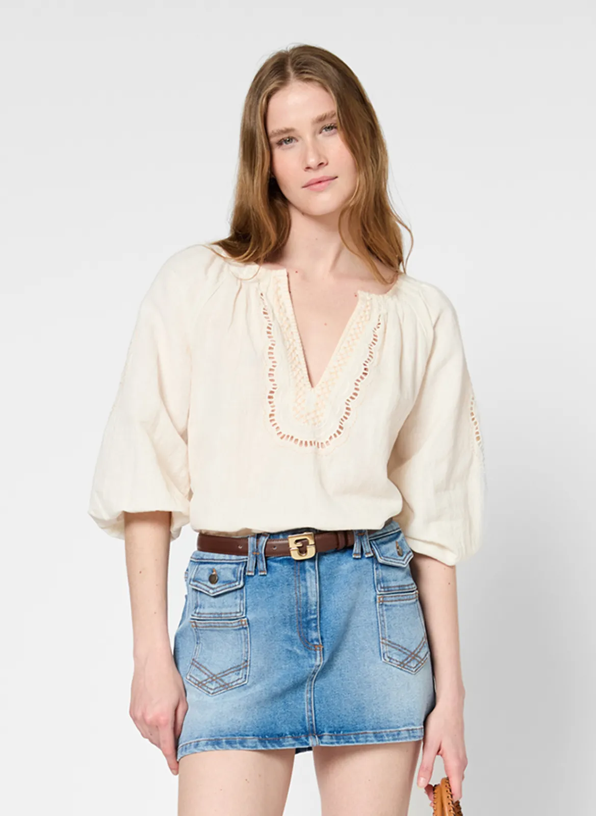 Blouse brodée en coton et lin Beige ULALI