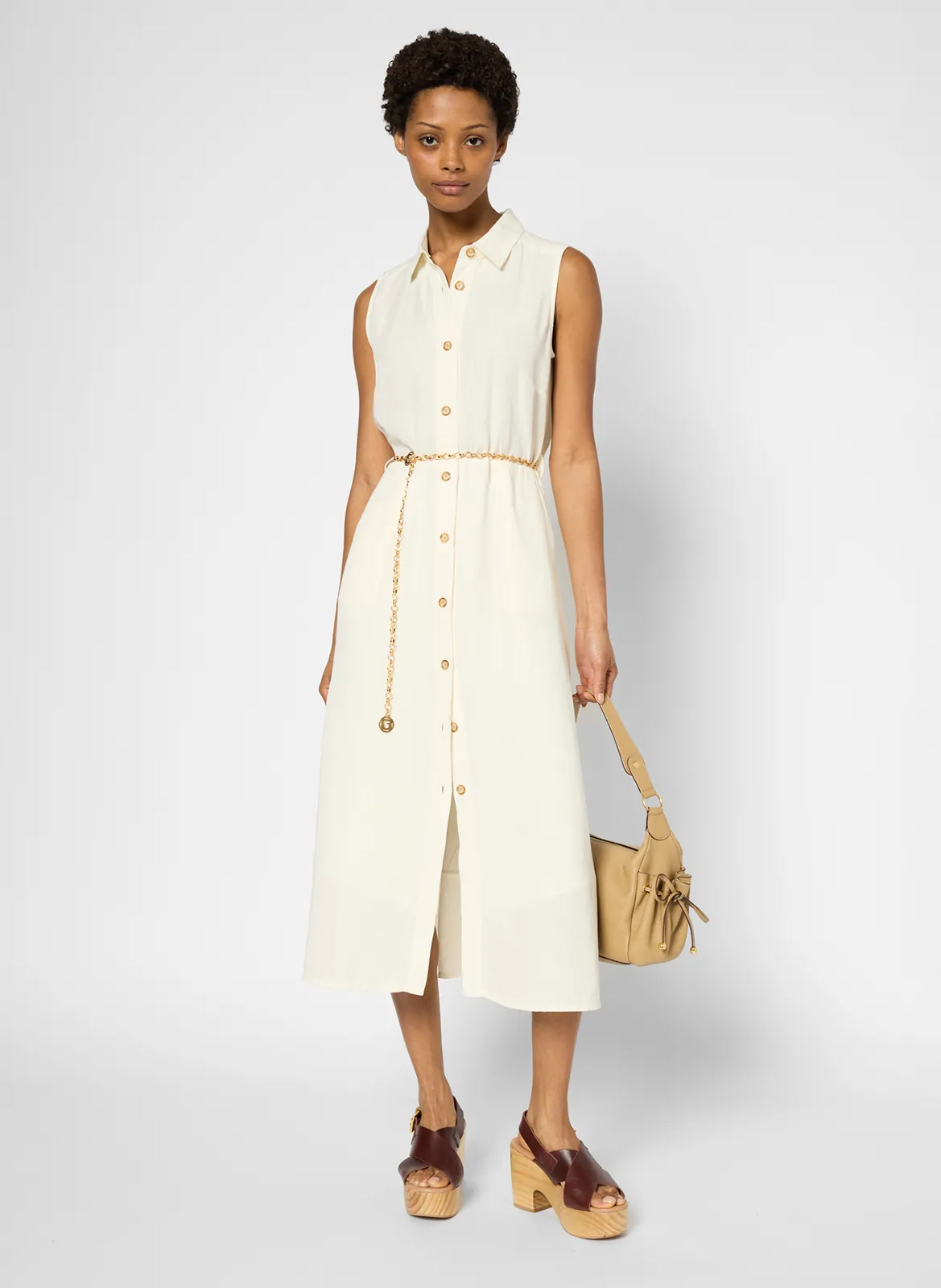 Robe midi sans manches boutonnée Beige PERLA