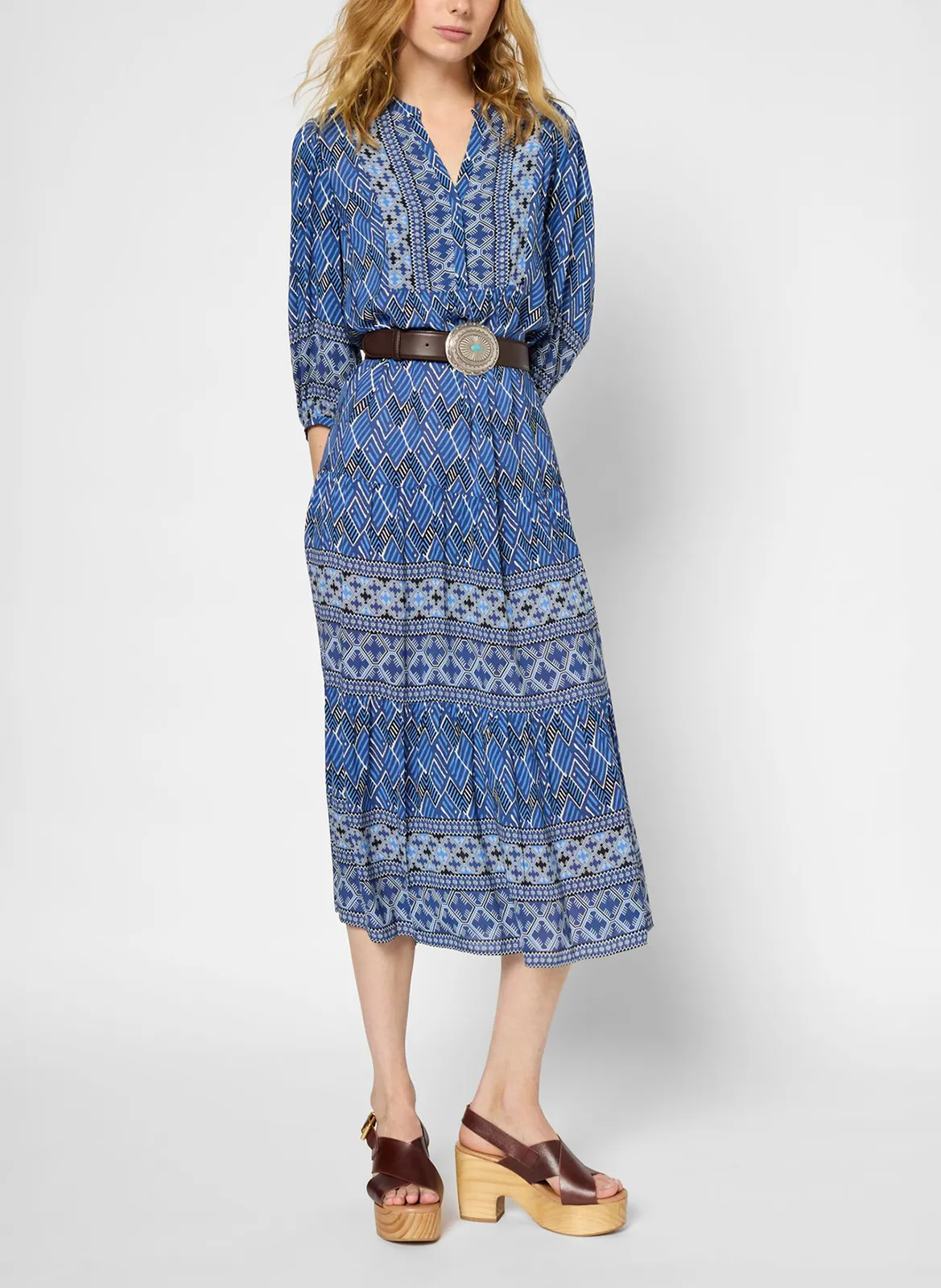 Robe midi col tunisien imprimée Bleu PHEDRE