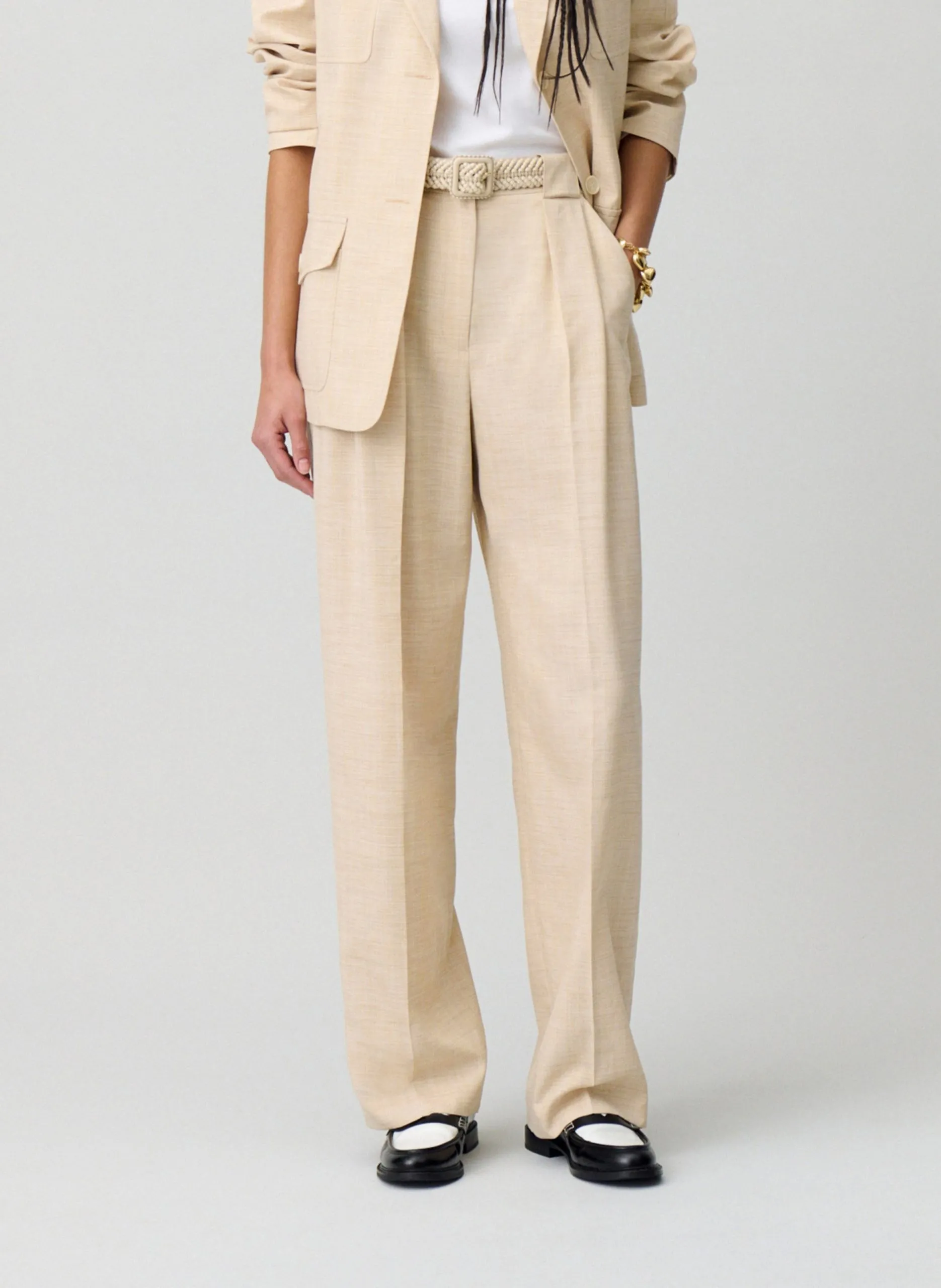 Pantalon large taille haute Beige