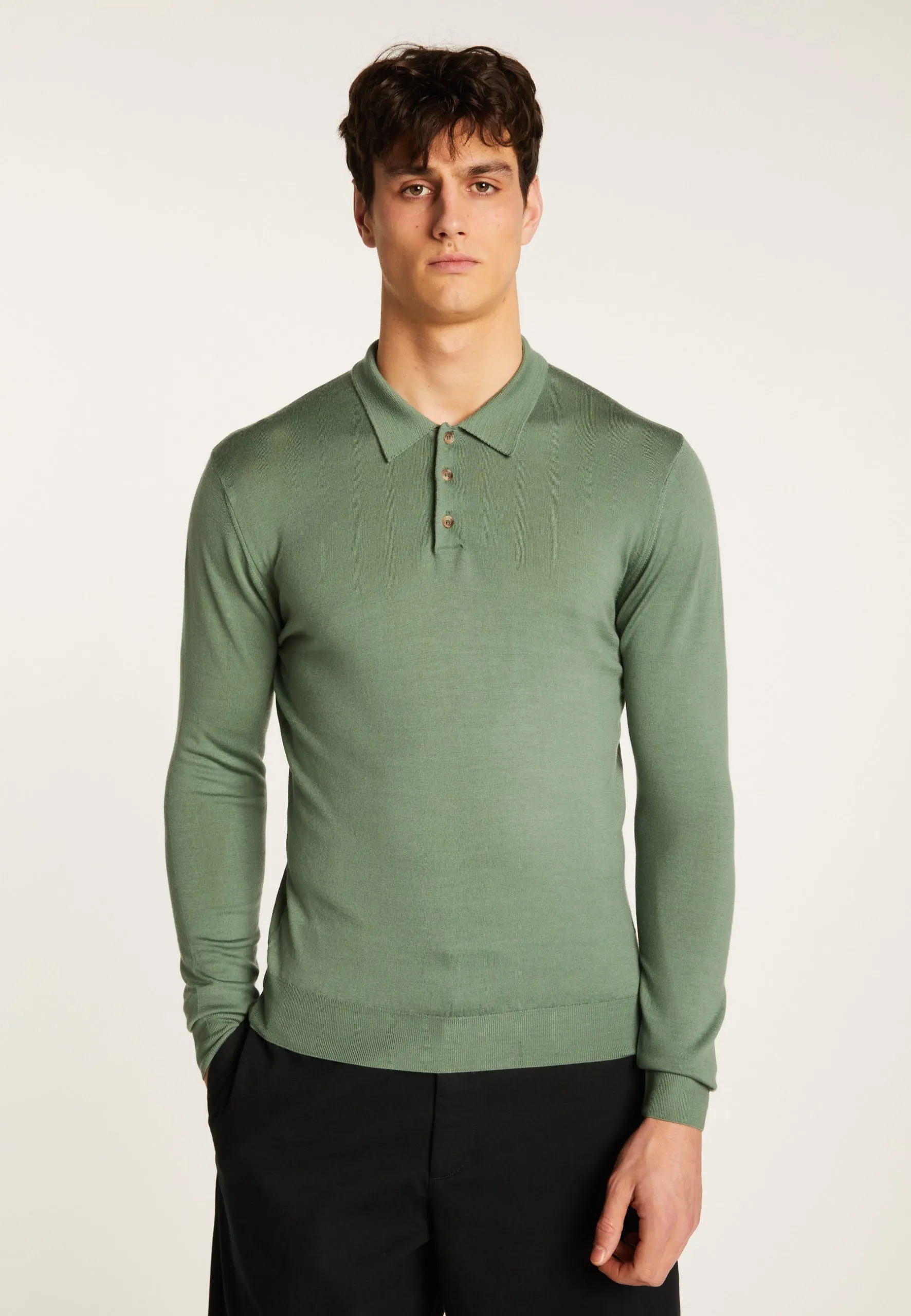 Polo à manches longues en laine mérinos Kaki ENI