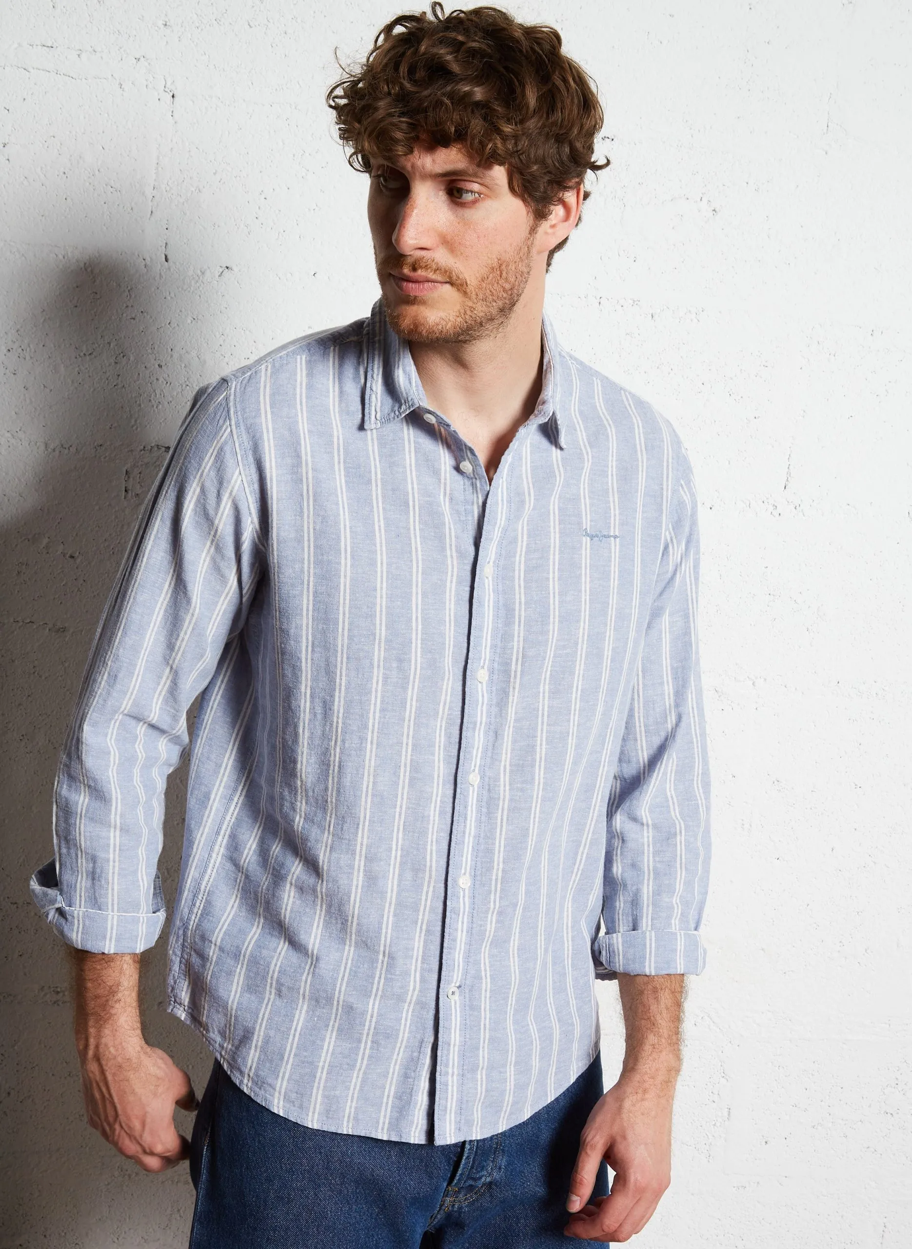 Chemise col classique à rayures en lin et en coton mélangés Bleu