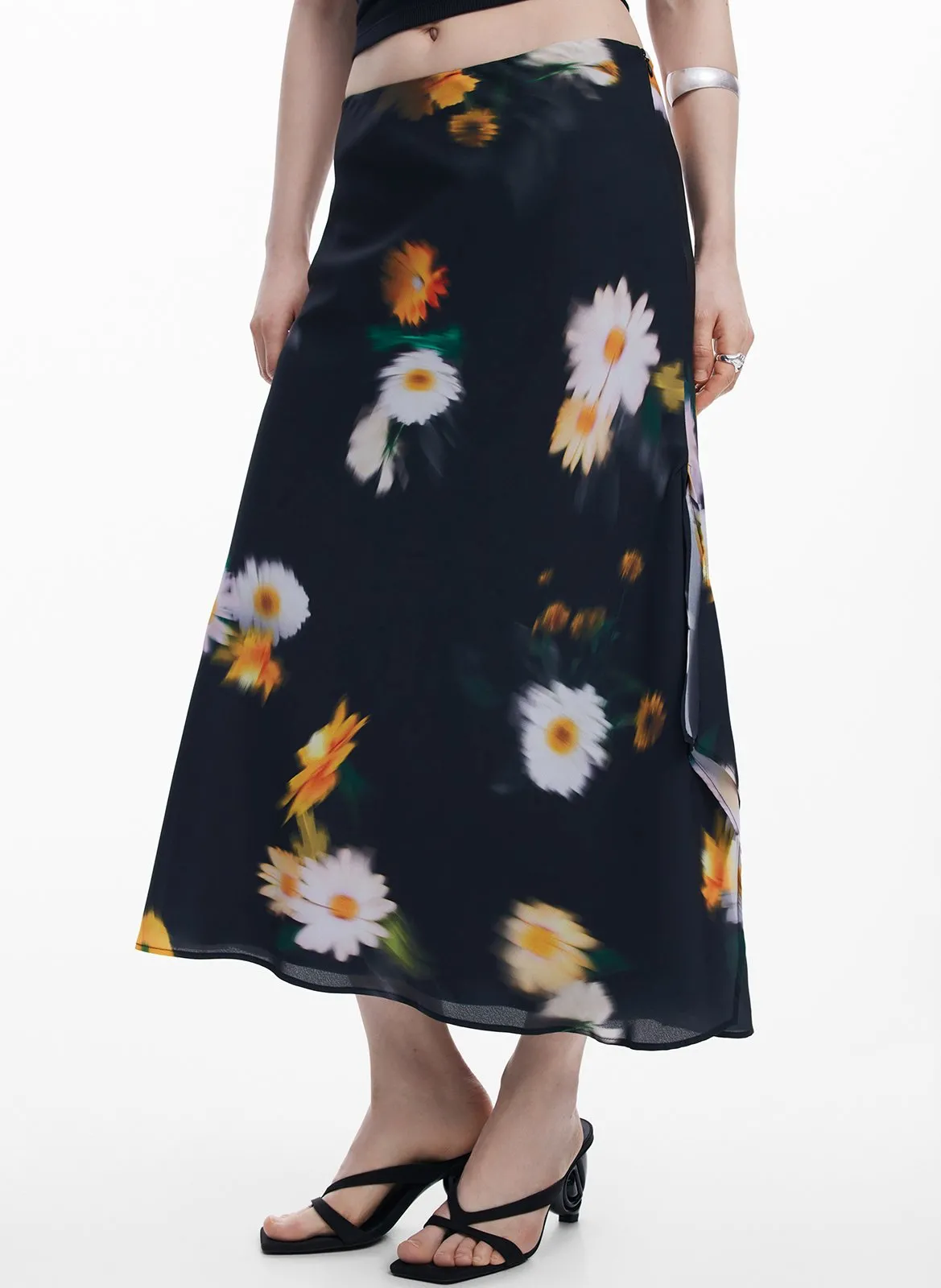 Jupe midi à imprimé floral Noir