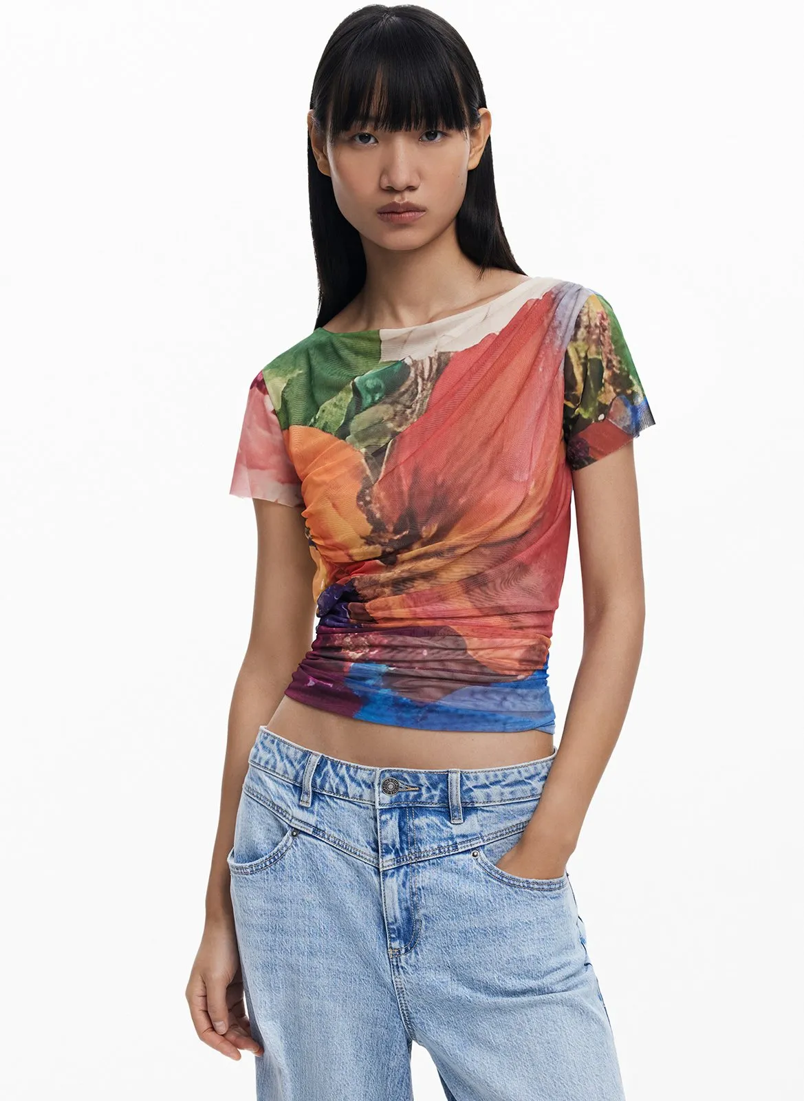 Tee-shirt col bateau à imprimé floral Orange