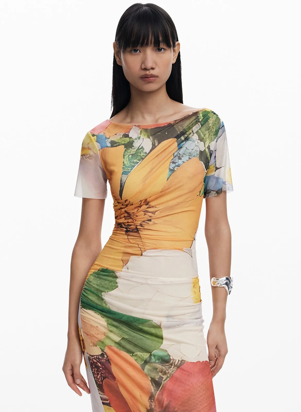 Robe midi col rond imprimée Orange