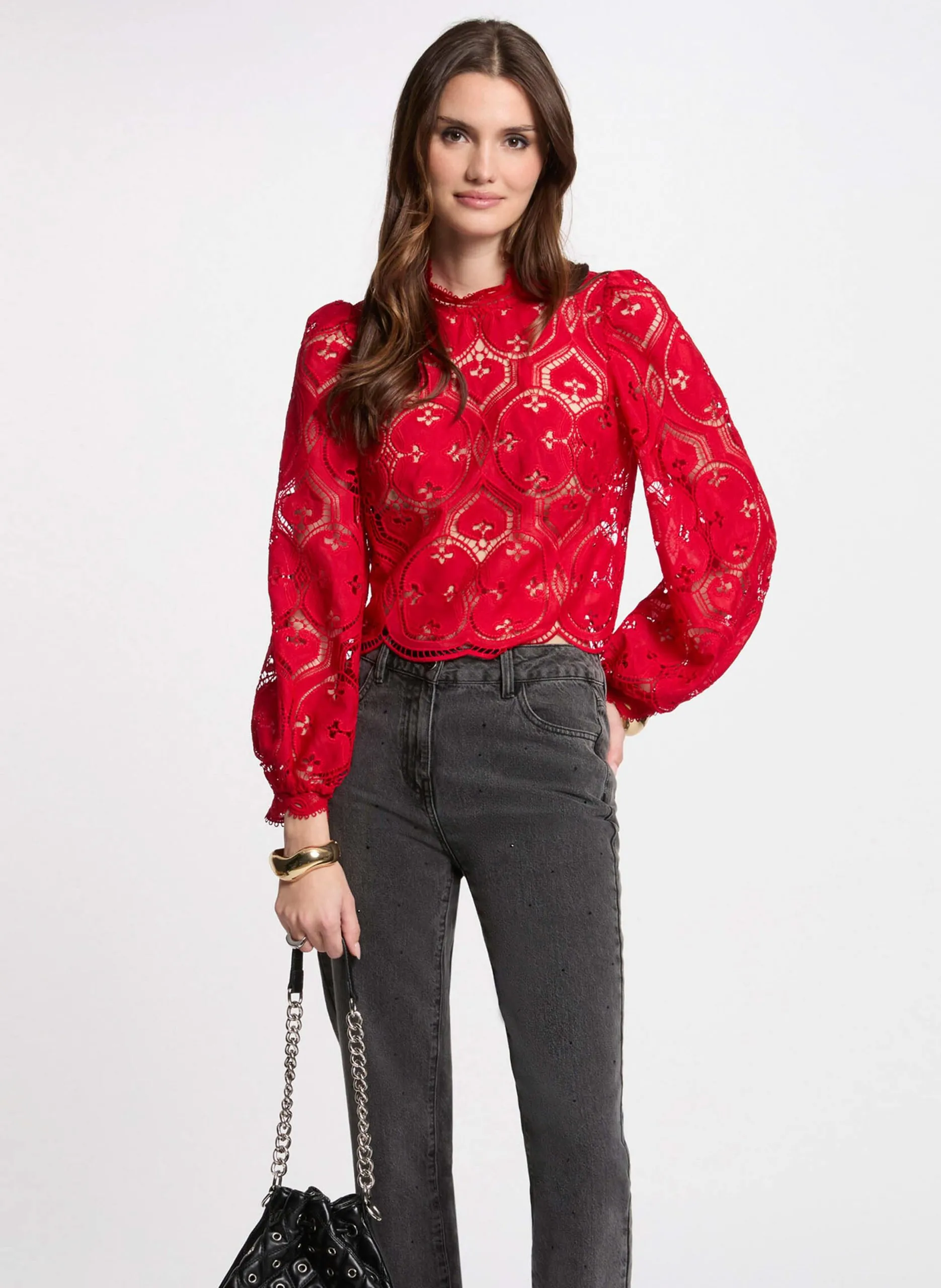 Top court manches longues en dentelle Rouge 251-OMBRE