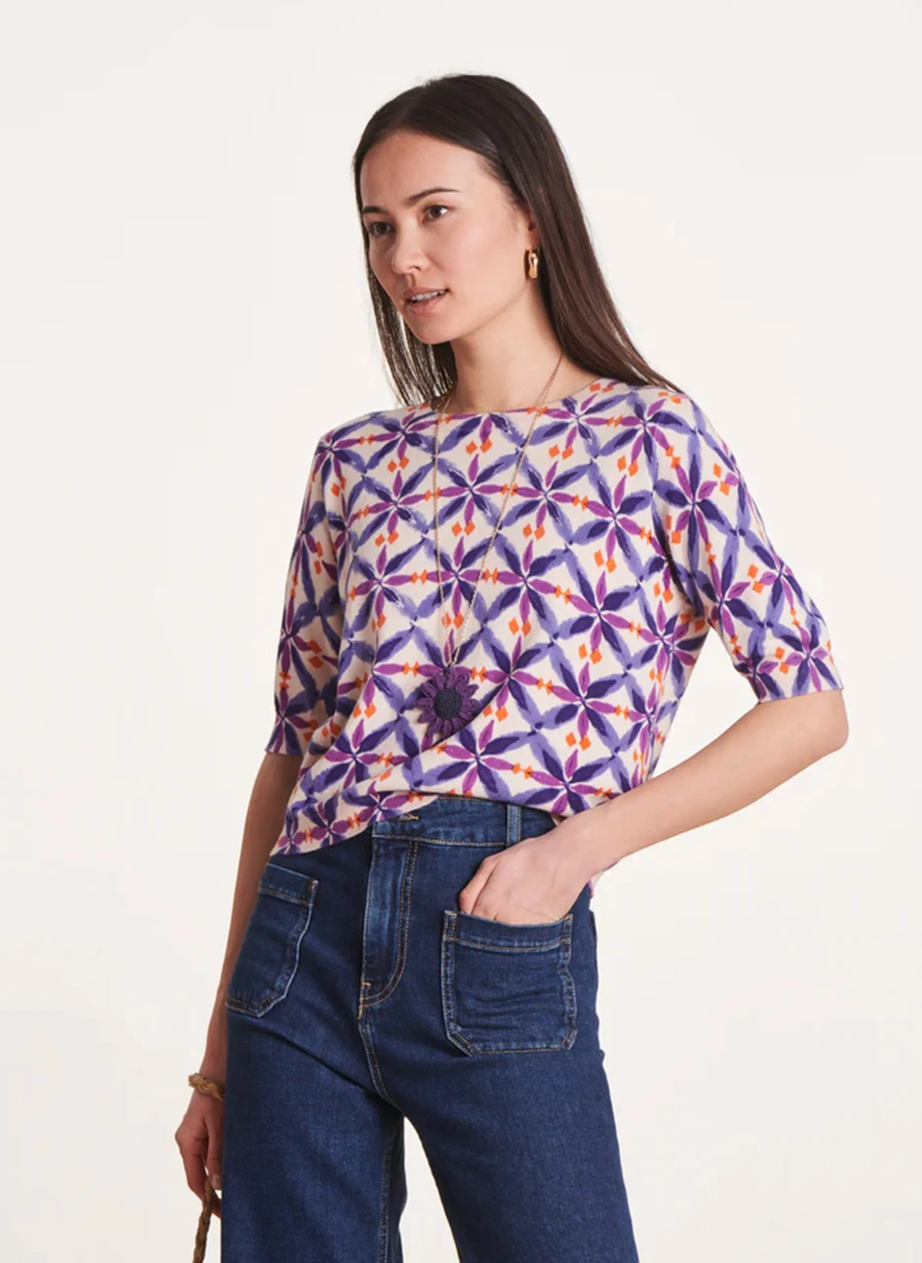 Pull oversize col rond en coton bio Violet