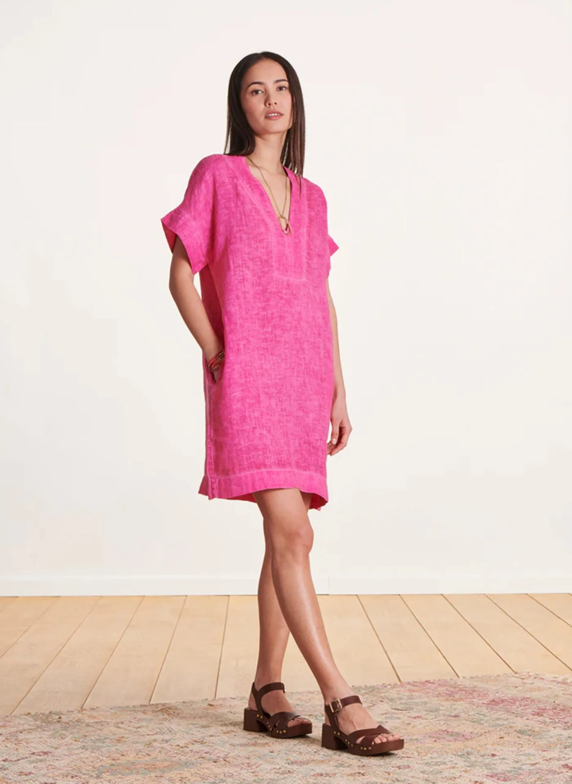 Robe droite col V en lin Rose