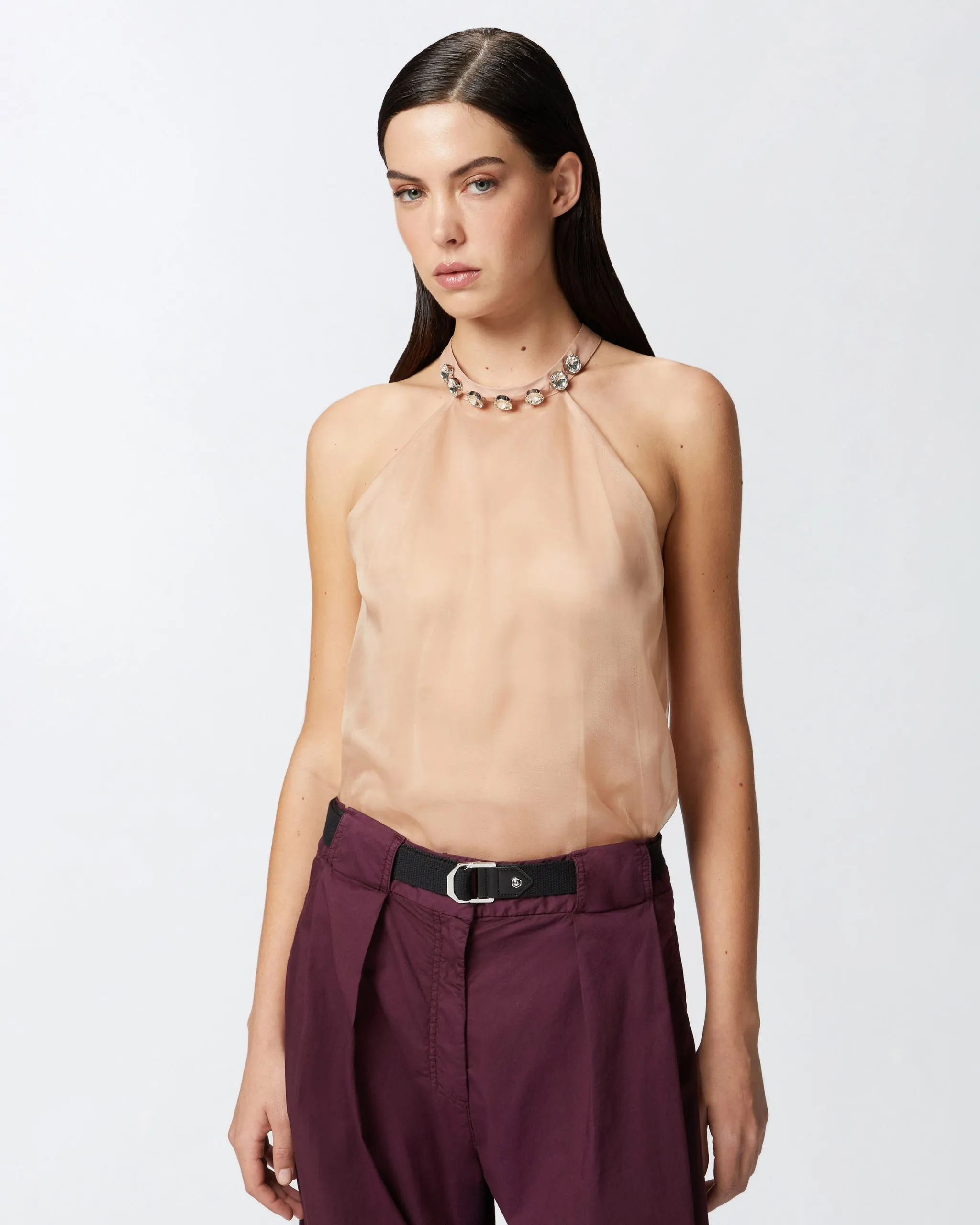 Top avec broderie bijou sur le col Rose